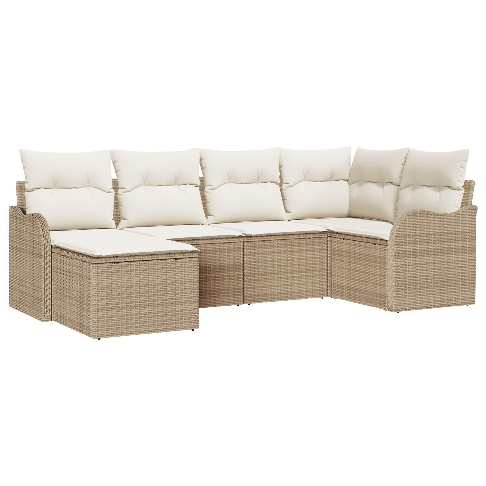 6 dele have-sofa sæt med puder beige poly rattan,  2-personers have-sofa med puder beige poly rattan