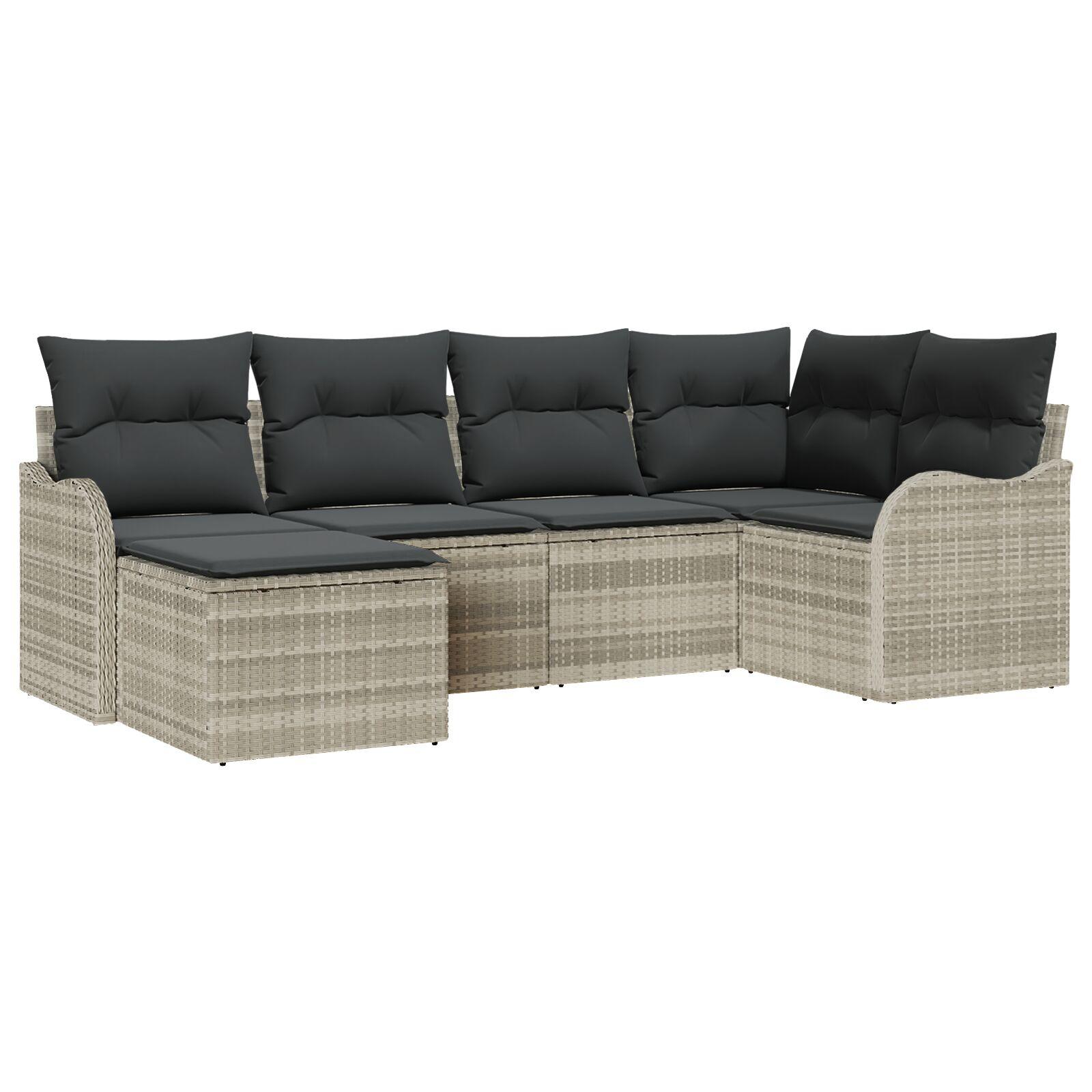 6 Stykke Have Sofa Sæt med Puder Lys Grå Poly Rattan, 2-Sæders Have Sofa med Puder Lys Grå Poly Rattan