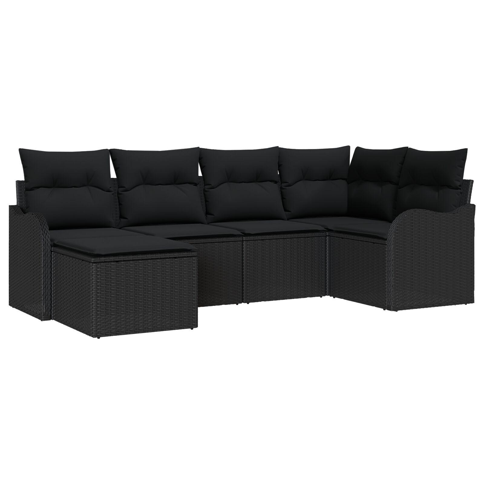 6 Stykker Have Sofa Sæt med Pudere Sort Poly Rattan,  2-Personers Have Sofa med Pudere Sort Poly Rattan