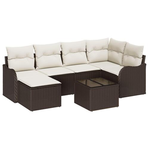 6 Stykke Have Sofa Sæt med Puder Grå Poly Rattan, 2-Sæders Have Sofa med Puder Brun Poly Rattan