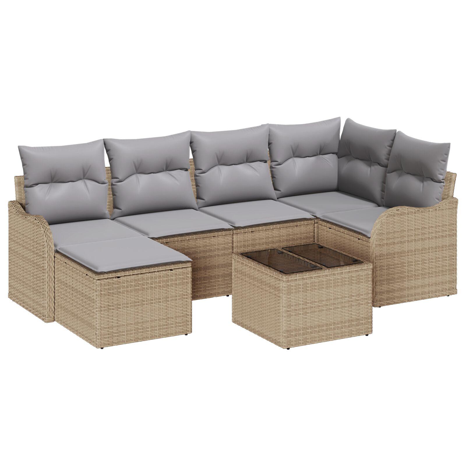 7 Stykke Have Sofa Sæt Med Puder Sort Poly Rattan,  2-Sæders Have Sofa Med Puder Beige Poly Rattan