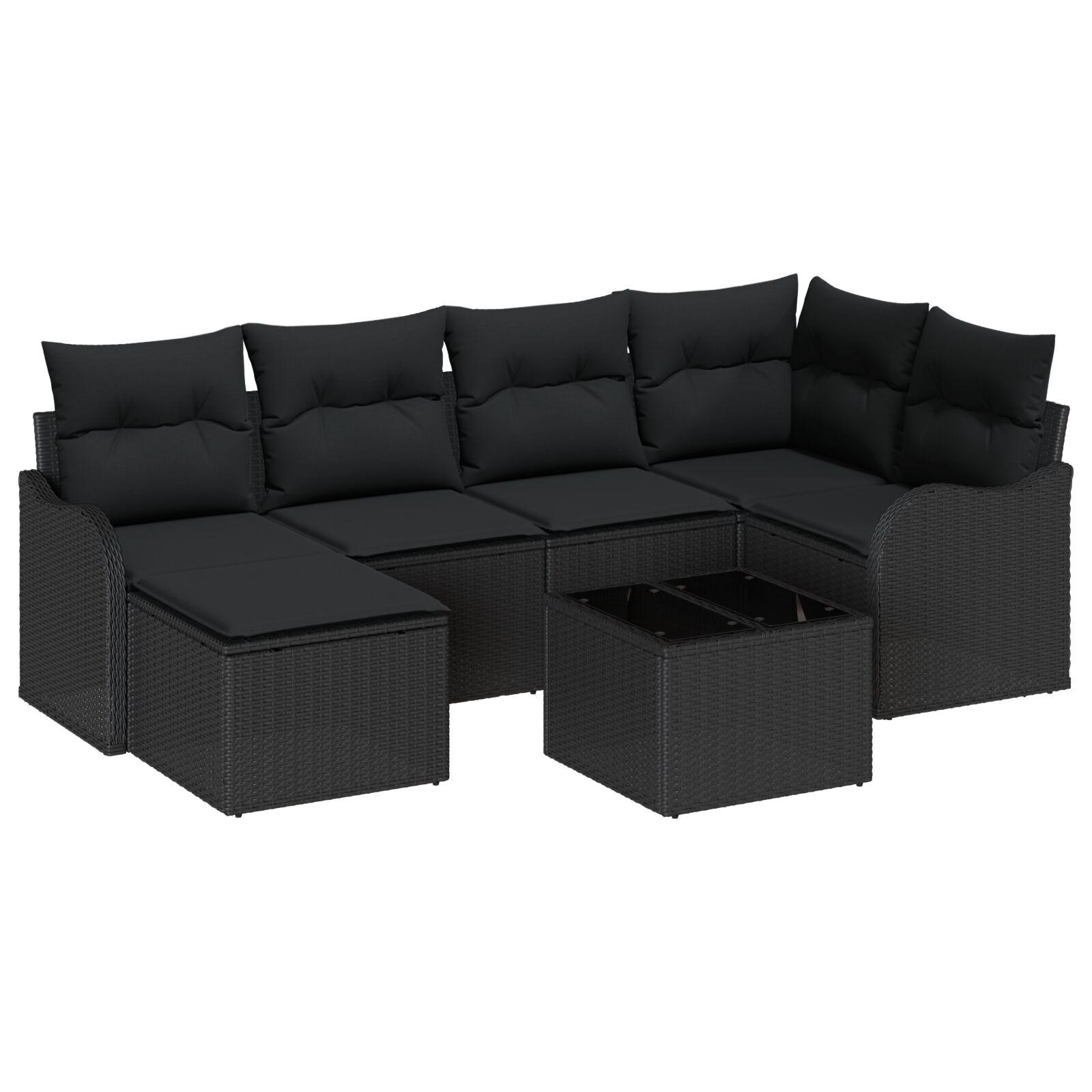 7 Delt Have Sofa Sæt med Puder Beige Poly Rattan,  2 Sæders Have Sofa med Puder Sort Poly Rattan