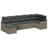 7 Stykke Have Sofa Sæt Med Puder Grå Poly Rattan, 2-Sæders Have Sofa Med Puder Grå Poly Rattan