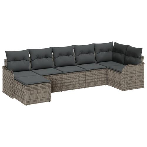 7 Stykke Have Sofa Sæt Med Puder Grå Poly Rattan, 2-Sæders Have Sofa Med Puder Grå Poly Rattan
