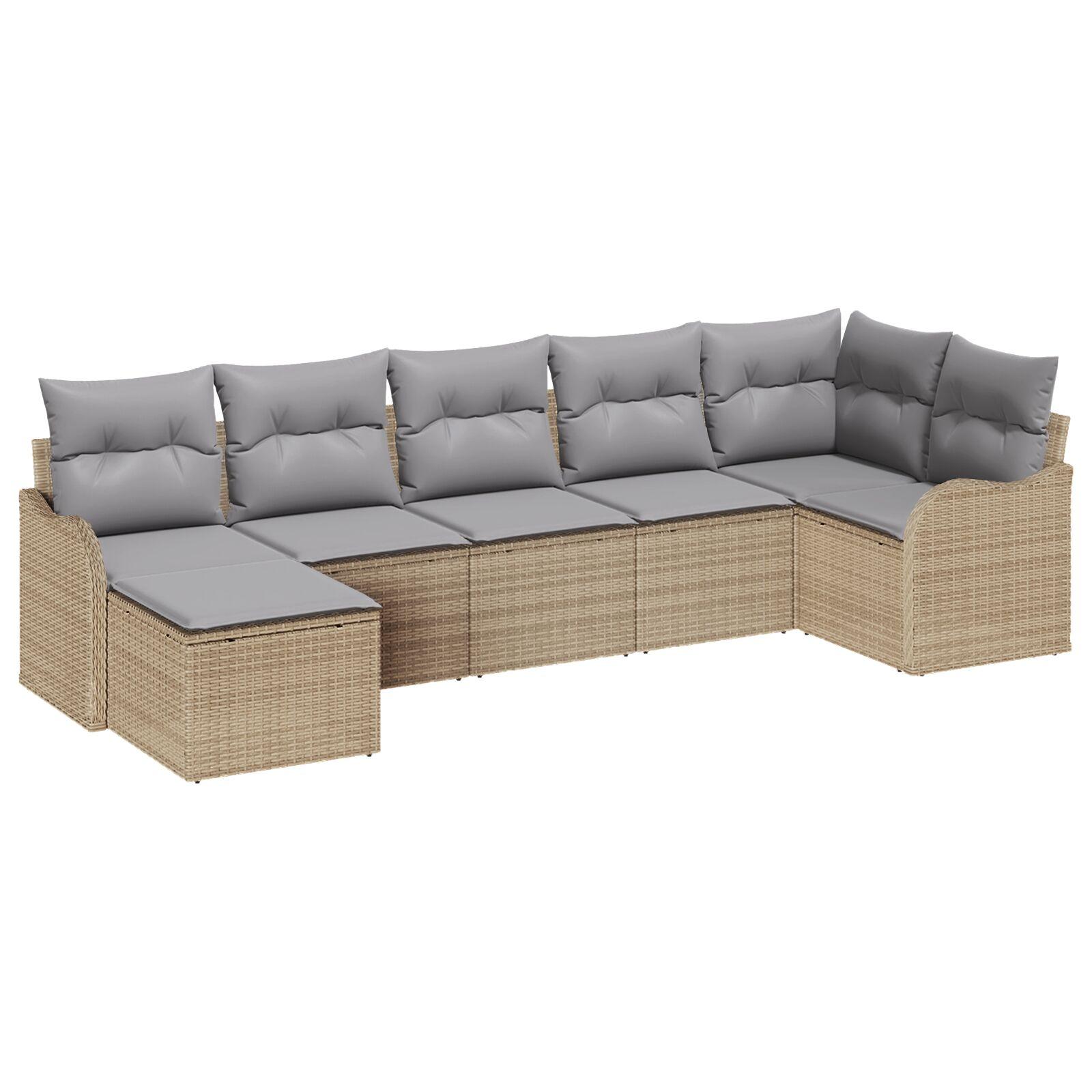 7 Personers Have Sofa Sæt med Puder Beige Poly Rattan,  2-Sæders Have Sofa med Puder Beige Poly Rattan