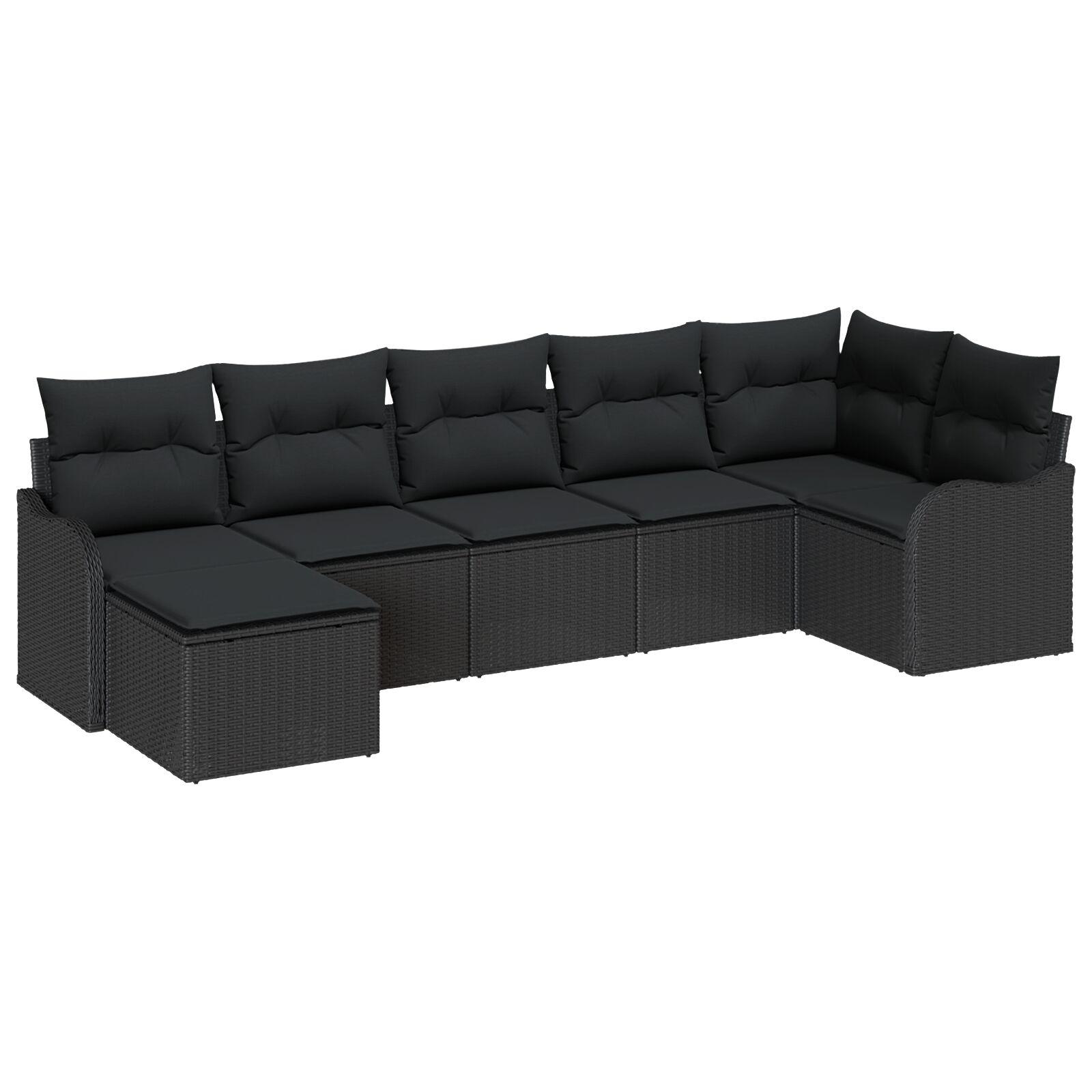 7 Delt Have Sofa Sæt med Puder Sort Poly Rattan,  2-sæders Have Sofa med Puder Sort Poly Rattan