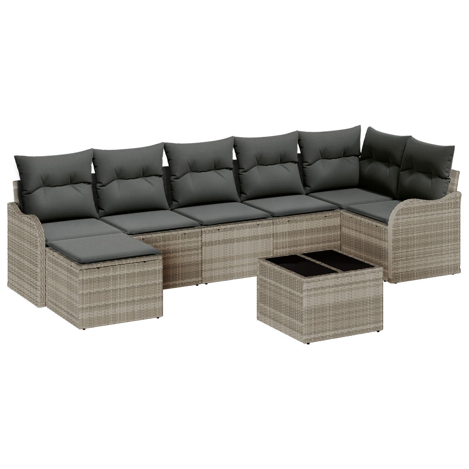 8 Stk Have Sofa Sæt med Puder Grå Poly Rattan, 2-personers Have Sofa med Puder Lysegrå Poly Rattan