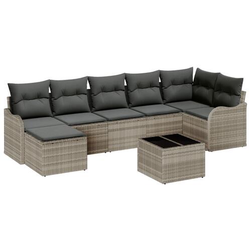 8 Stk Have Sofa Sæt med Puder Grå Poly Rattan, 2-personers Have Sofa med Puder Lysegrå Poly Rattan