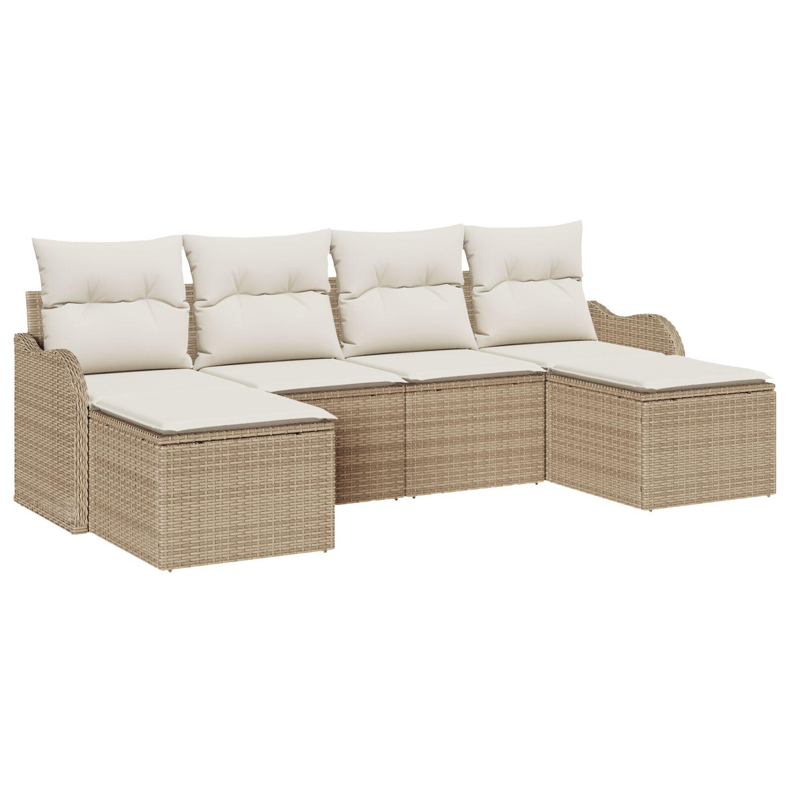 6 Delt Have Sofa Sæt med Puder Beige Poly Rattan,  2 Personers Have Sofa med Puder Beige Poly Rattan
