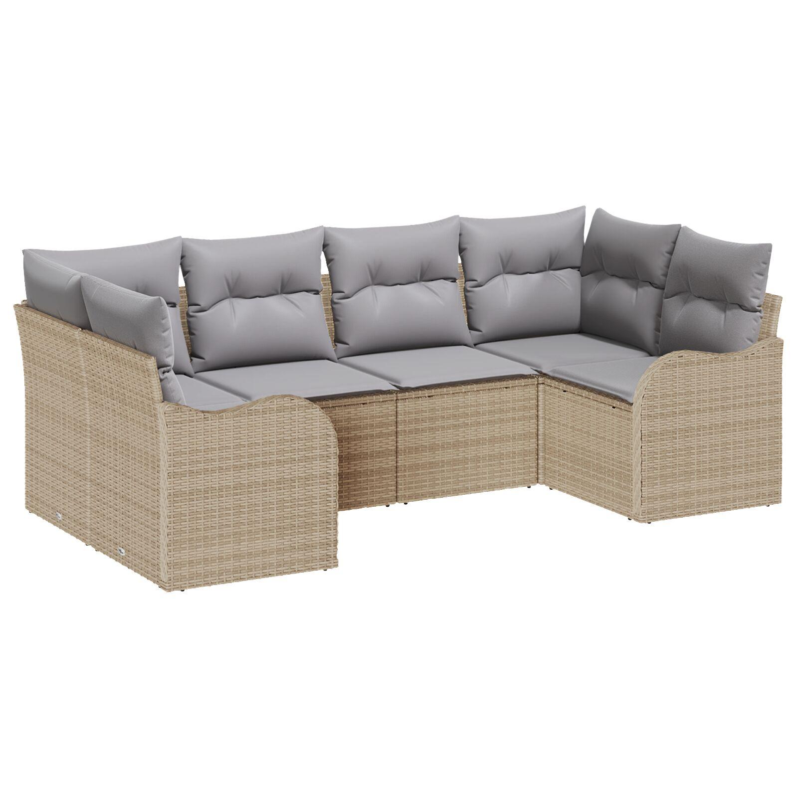 6 Deles Have Sofa Sæt med Puder Beige Poly Rattan,  2-personers Have Sofa med Puder Beige Poly Rattan