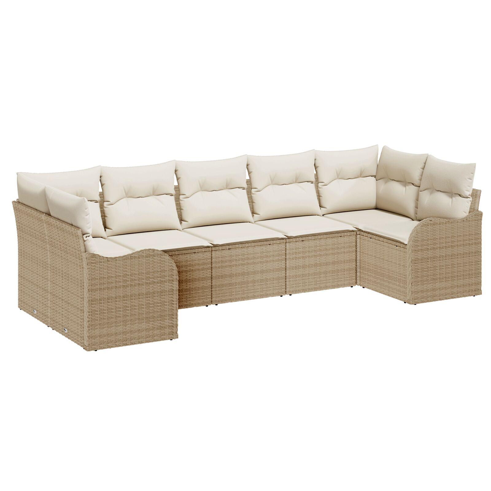 7 Dele Have Sofa Sæt med Puder Beige Poly Rattan,  2-personers Have Sofa med Puder Beige Poly Rattan