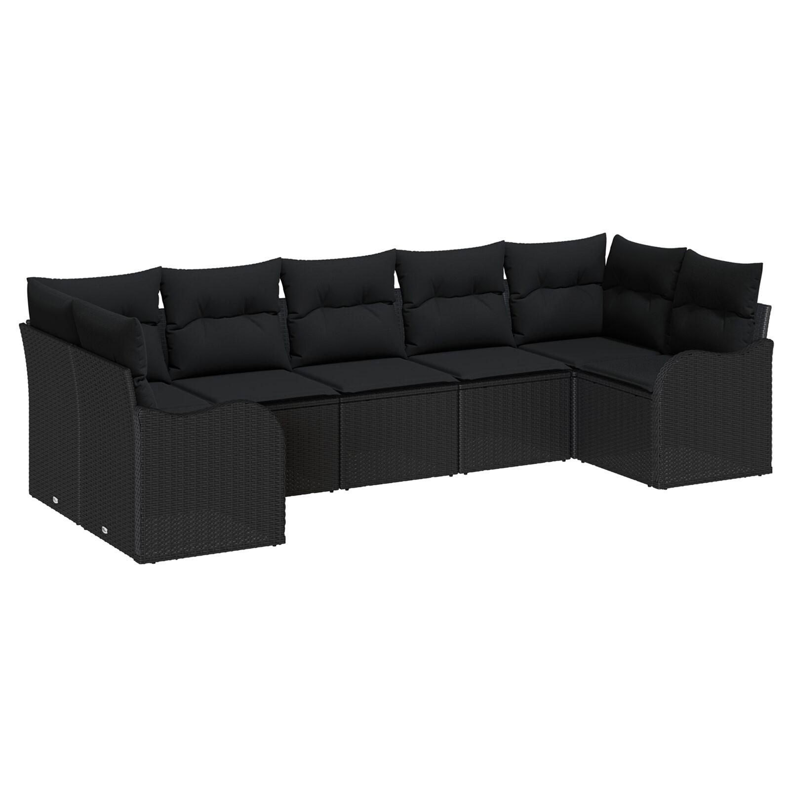 7 Stykker Have Sofa Sæt med Puder Sort Poly Rattan,  2-Sæders Have Sofa med Puder Sort Poly Rattan