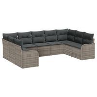 9 Stykker Have Sofa Sæt med Puder Grå Poly Rattan, 2-personers Have Sofa med Puder Grå Poly Rattan