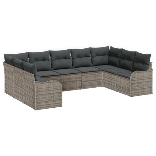 9 Stykker Have Sofa Sæt med Puder Grå Poly Rattan, 2-personers Have Sofa med Puder Grå Poly Rattan