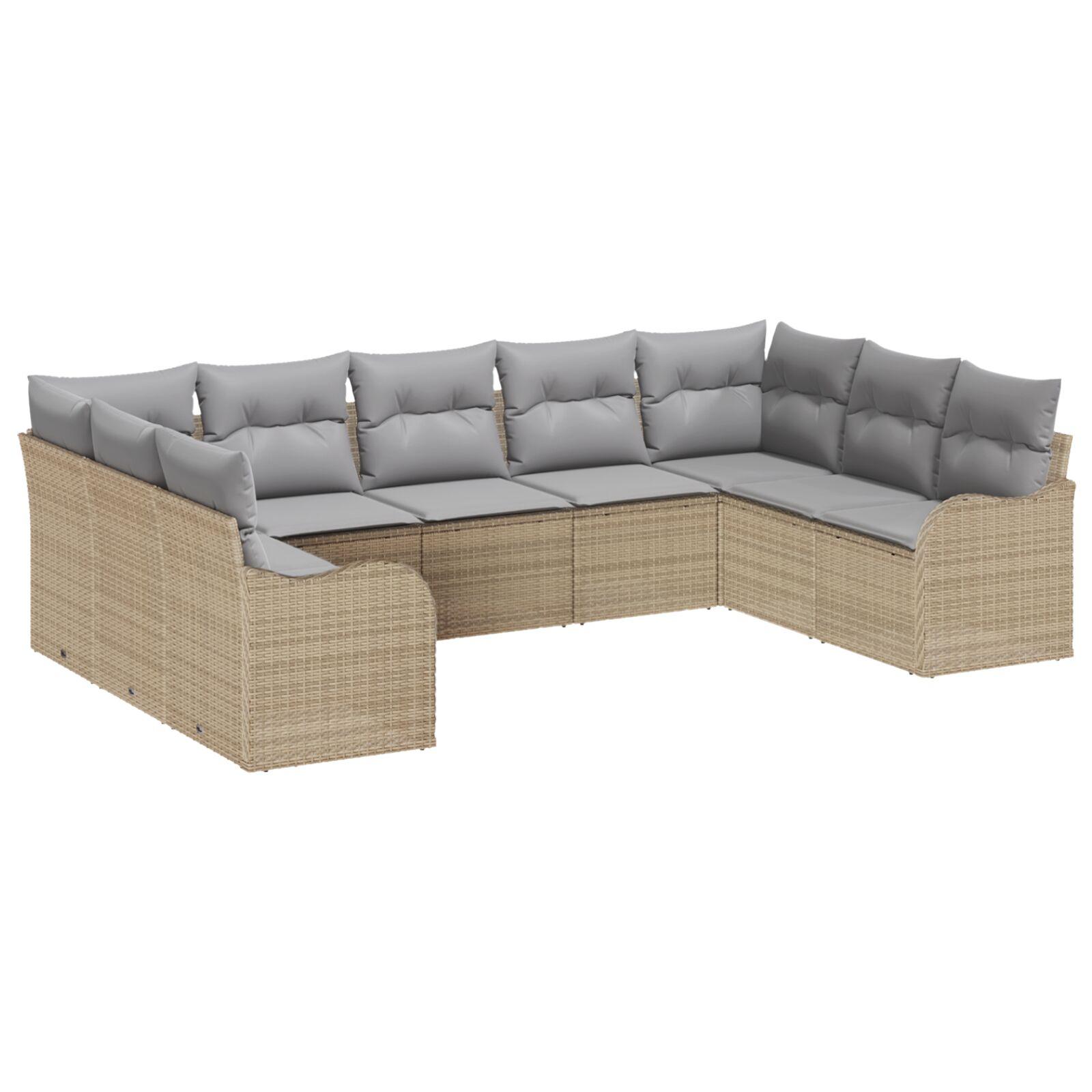 9 Stk. Have Sofa Sæt med Puder Beige Poly Rattan,  2-Sæders Have Sofa med Puder Beige Poly Rattan