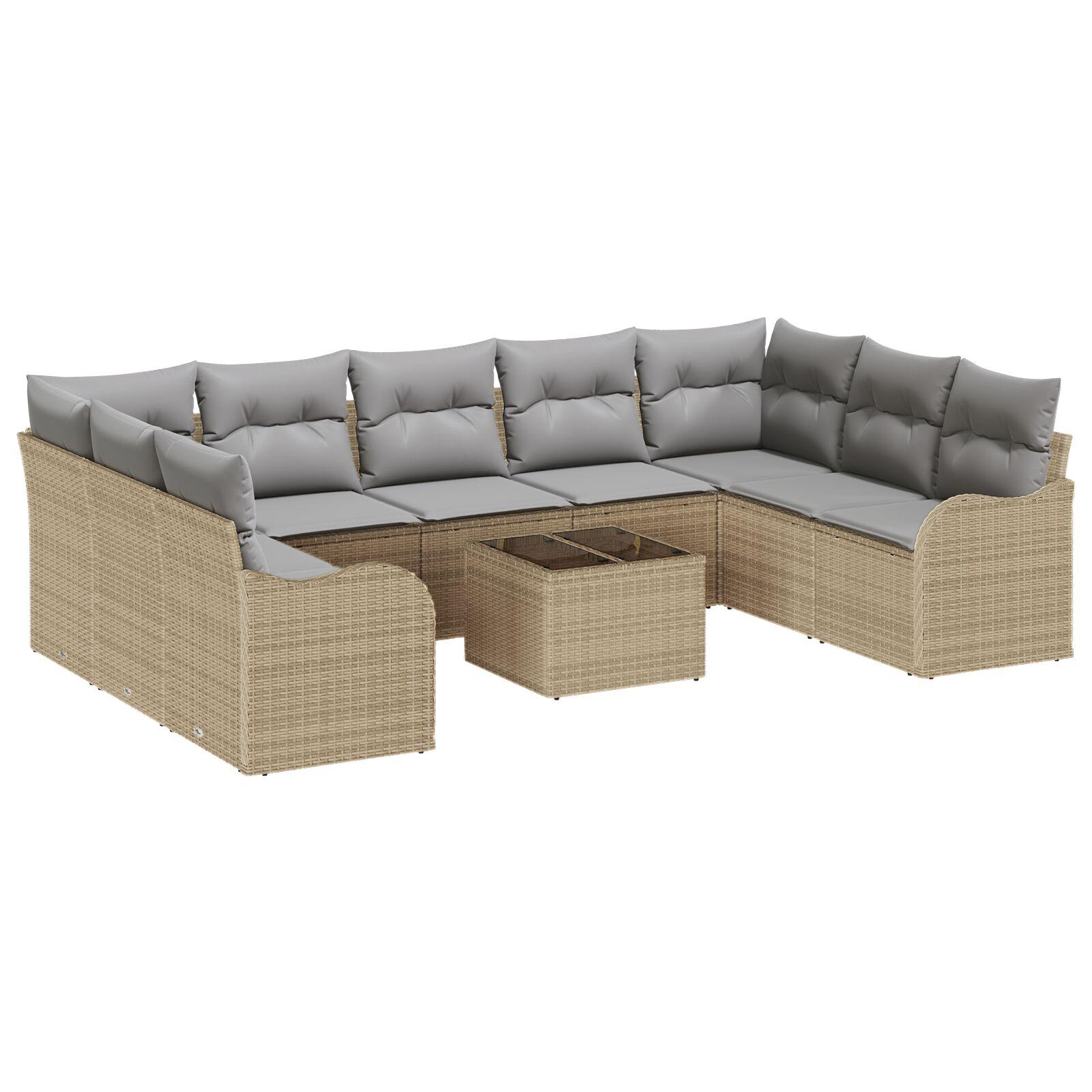 10 delers havesofa sæt med puder sort poly rattan,  2-personers havesofa med puder beige poly rattan