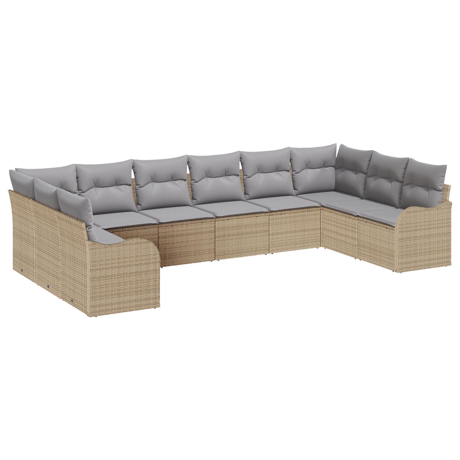 10 Dels Have Sofa Sæt med Puder Beige Poly Rattan,  2-personers Have Sofa med Puder Beige Poly Rattan