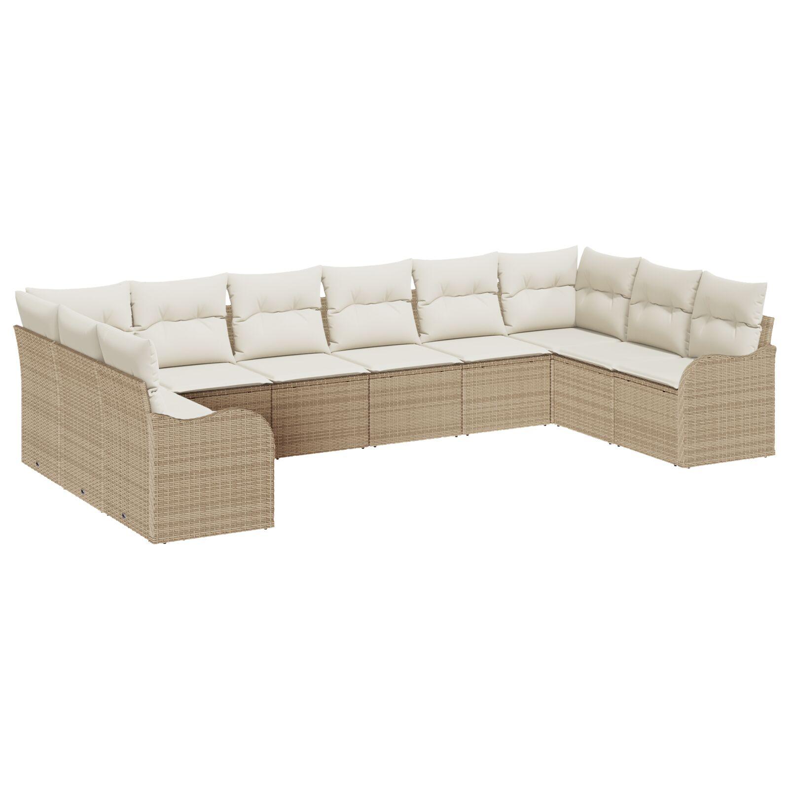 10 Stykke Have Sofa Sæt med Puder Beige Poly Rattan,  2-Personers Have Sofa med Puder Beige Poly Rattan