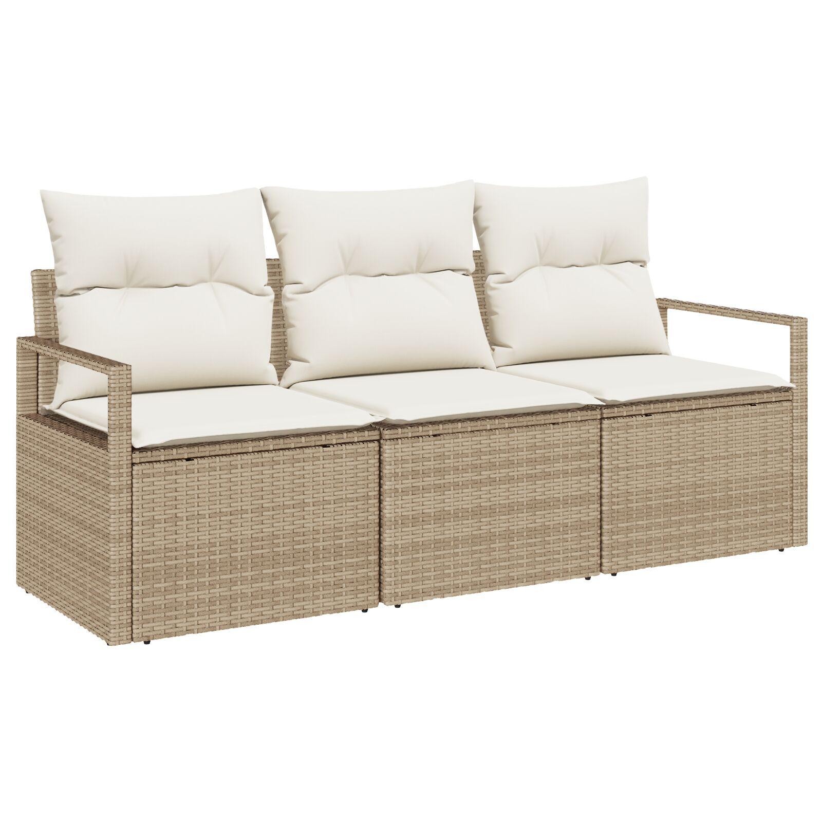 3 Personers Have Sofa Sæt med Puder Beige Poly Rattan,  2-Sæders Have Sofa med Puder Beige Poly Rattan