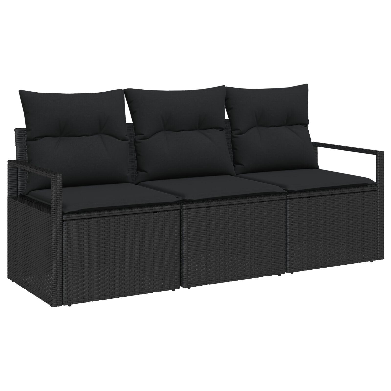 3 Stykke Have Sofa Sæt med Puder Sort Poly Rattan,  2 Sæders Have Sofa med Puder Sort Poly Rattan