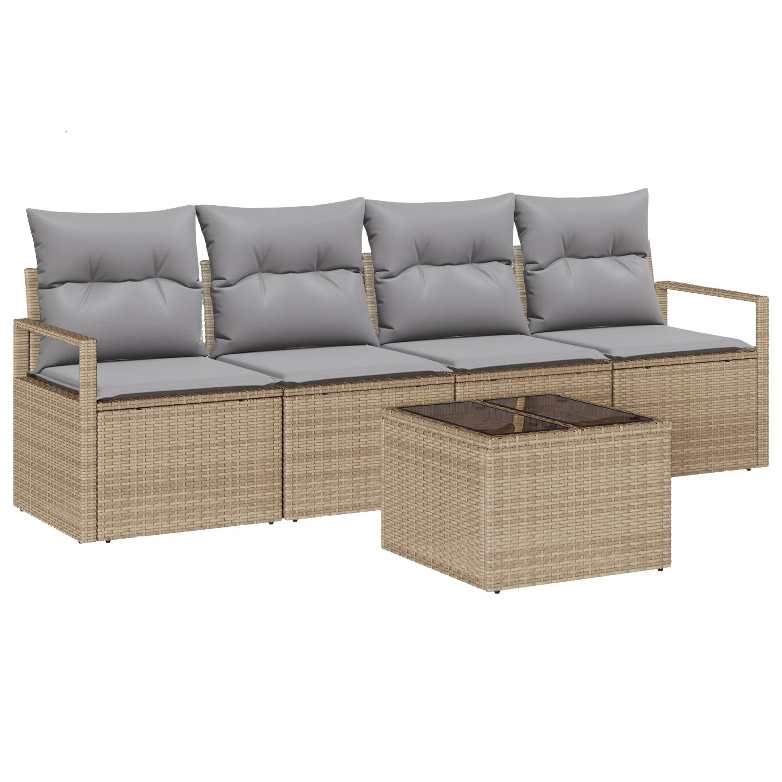 5-delt have sofa sæt med puder beige poly rattan,  2-personers have sofa med puder beige poly rattan