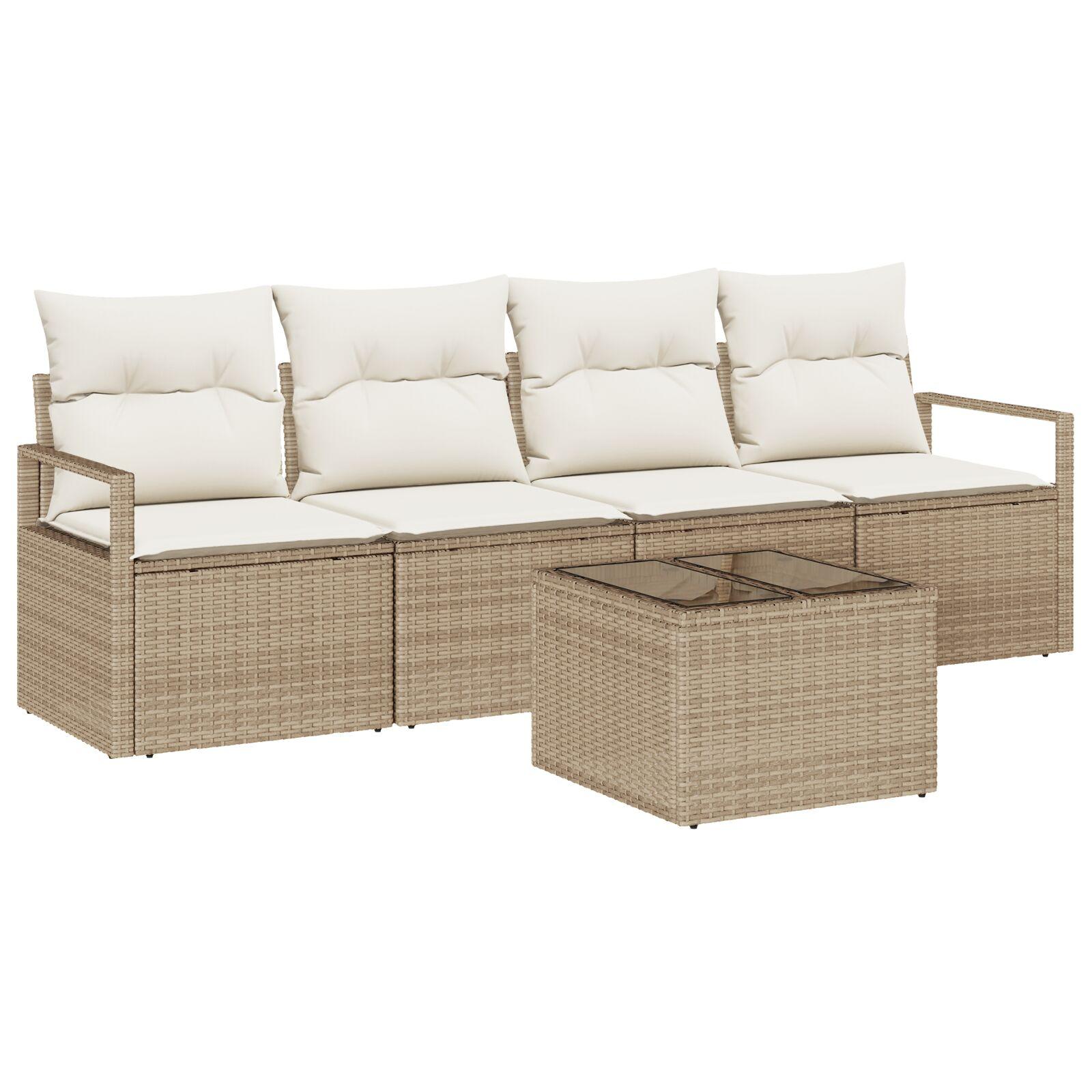 5 Dele Have Sofa Sæt med Puder Beige Poly Rattan,  2-Plads Have Sofa med Puder Beige Poly Rattan