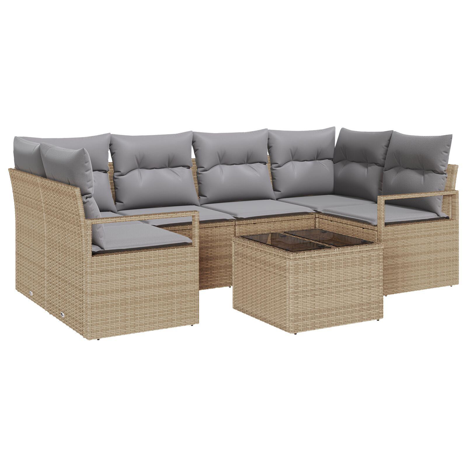 7 Stykke Have Sofagruppe med Puder Beige Poly Rattan,  2-personers Have Sofa med Puder Beige Poly Rattan