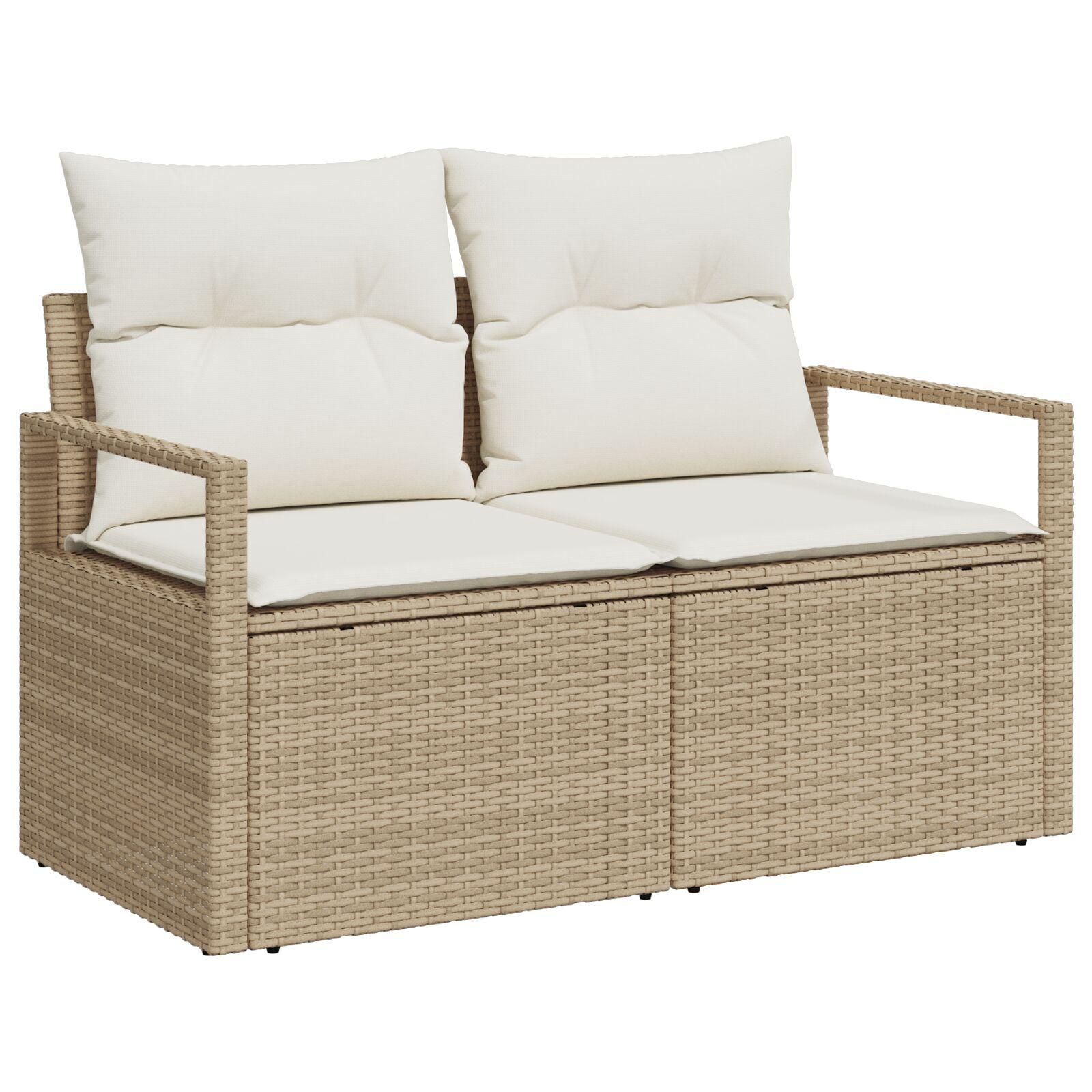 7-delers Have Sofa Sæt med Puder Beige Poly Rattan,  2-personers Have Sofa med Puder Beige Poly Rattan