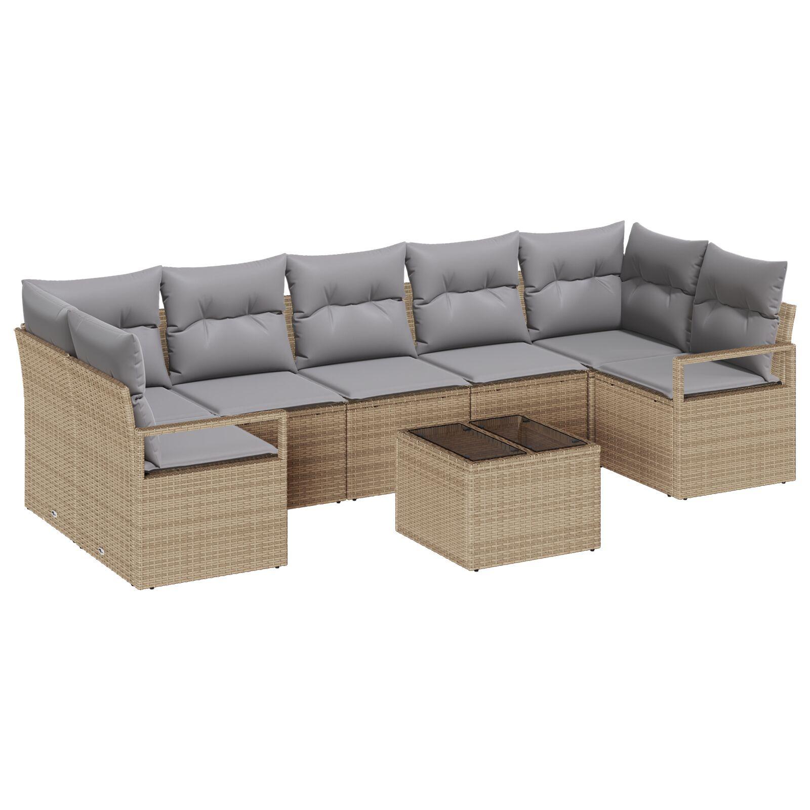 8 Deles Havemøbel Sæt Med Puder Beige Poly Rattan,  2-sæders Havemøbel Sofa Med Puder Beige Poly Rattan