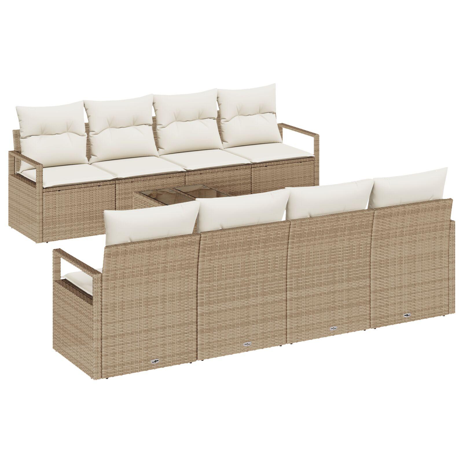 9 Stykker Have Sofa Sæt med Puder Beige Poly Rattan,  2-Personers Have Sofa med Puder Beige Poly Rattan
