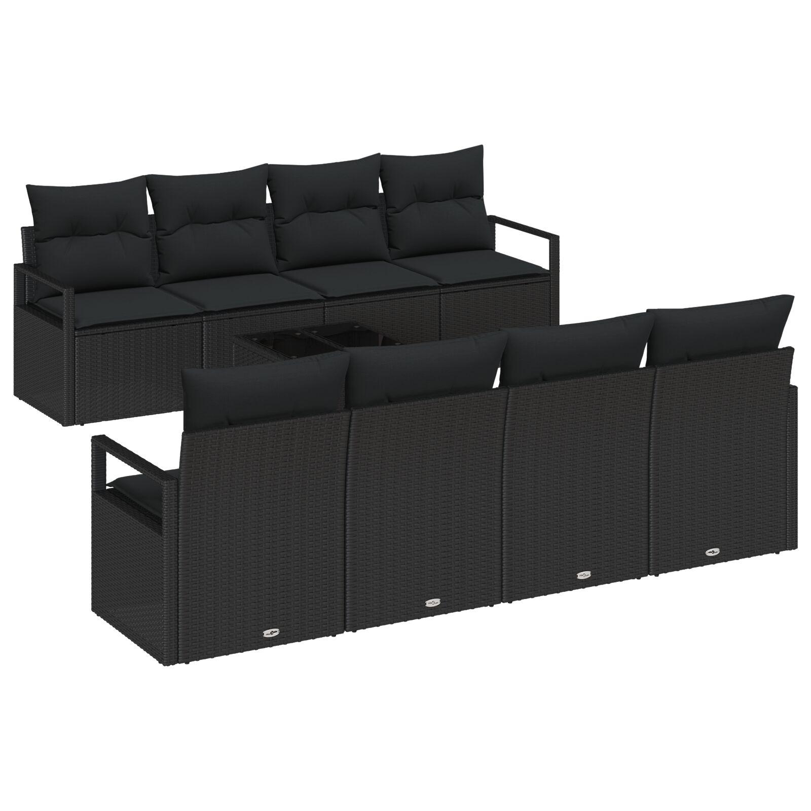 9 Stykker Have Sofa Sæt med Puder Sort Poly Rattan,  2-Personers Have Sofa med Puder Sort Poly Rattan