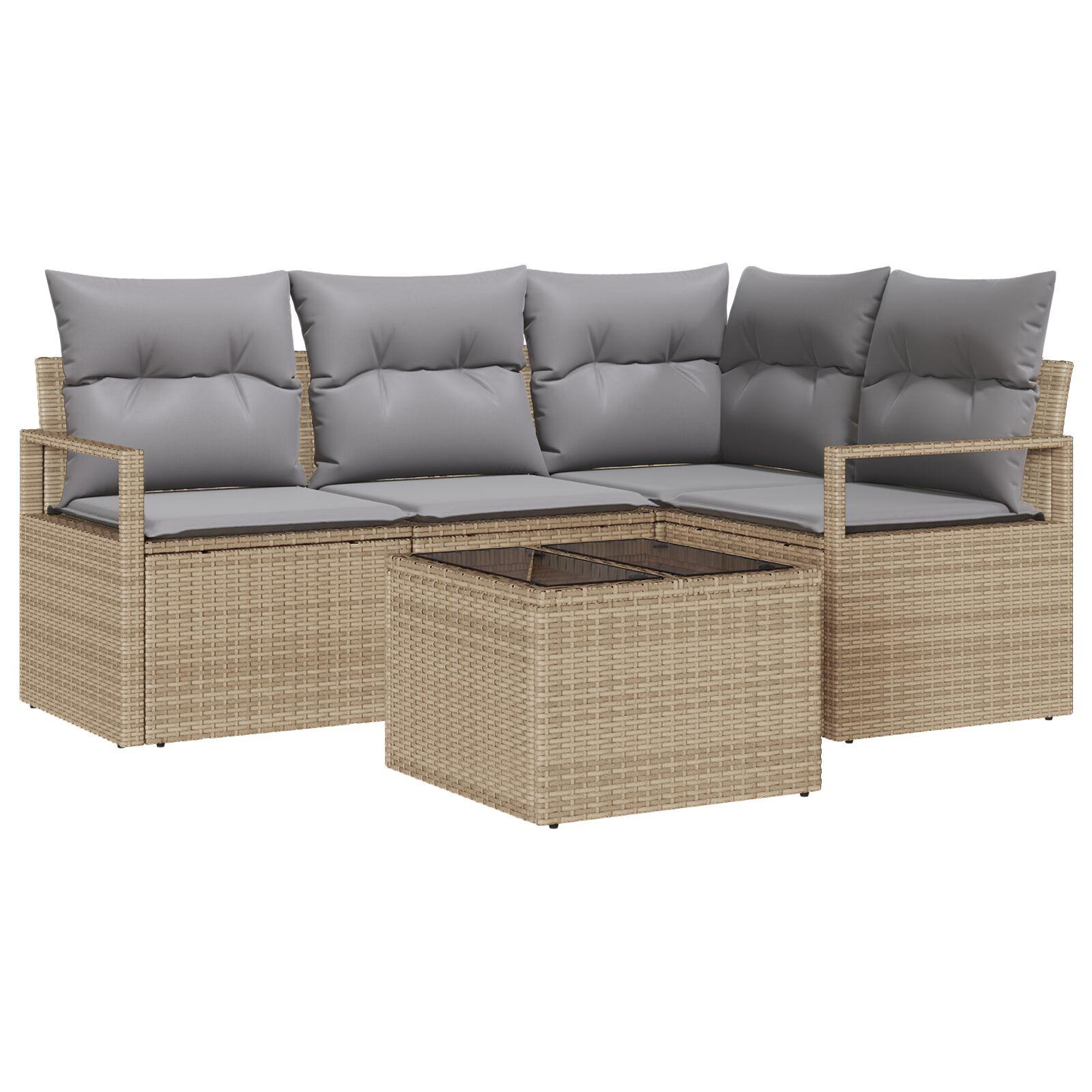 5-delers Have Sofa Set med Puder Sort Poly Rattan,  2-personers Have Sofa med Puder Beige Poly Rattan