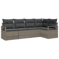 5 Stykker Havensofa Sæt med Puder Grå Poly Rattan, 2-Sæders Havensofa med Puder Grå Poly Rattan