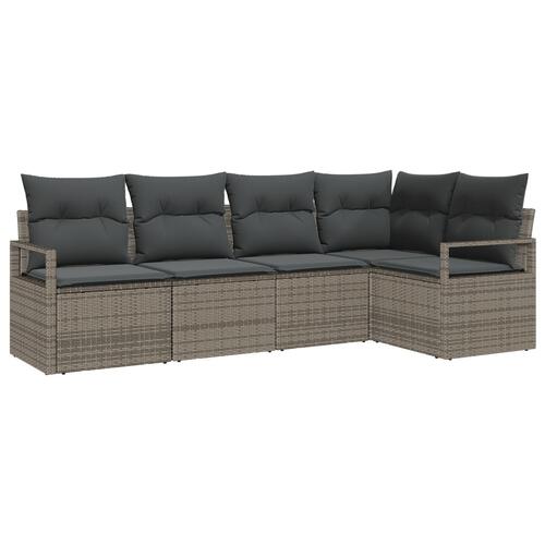 5 Stykker Havensofa Sæt med Puder Grå Poly Rattan, 2-Sæders Havensofa med Puder Grå Poly Rattan