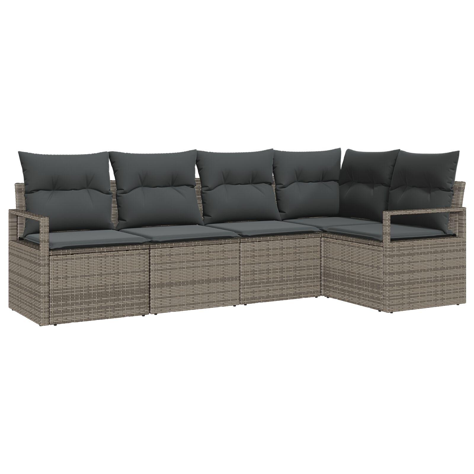 5 Stykker Havensofa Sæt med Puder Grå Poly Rattan, 2-Sæders Havensofa med Puder Grå Poly Rattan
