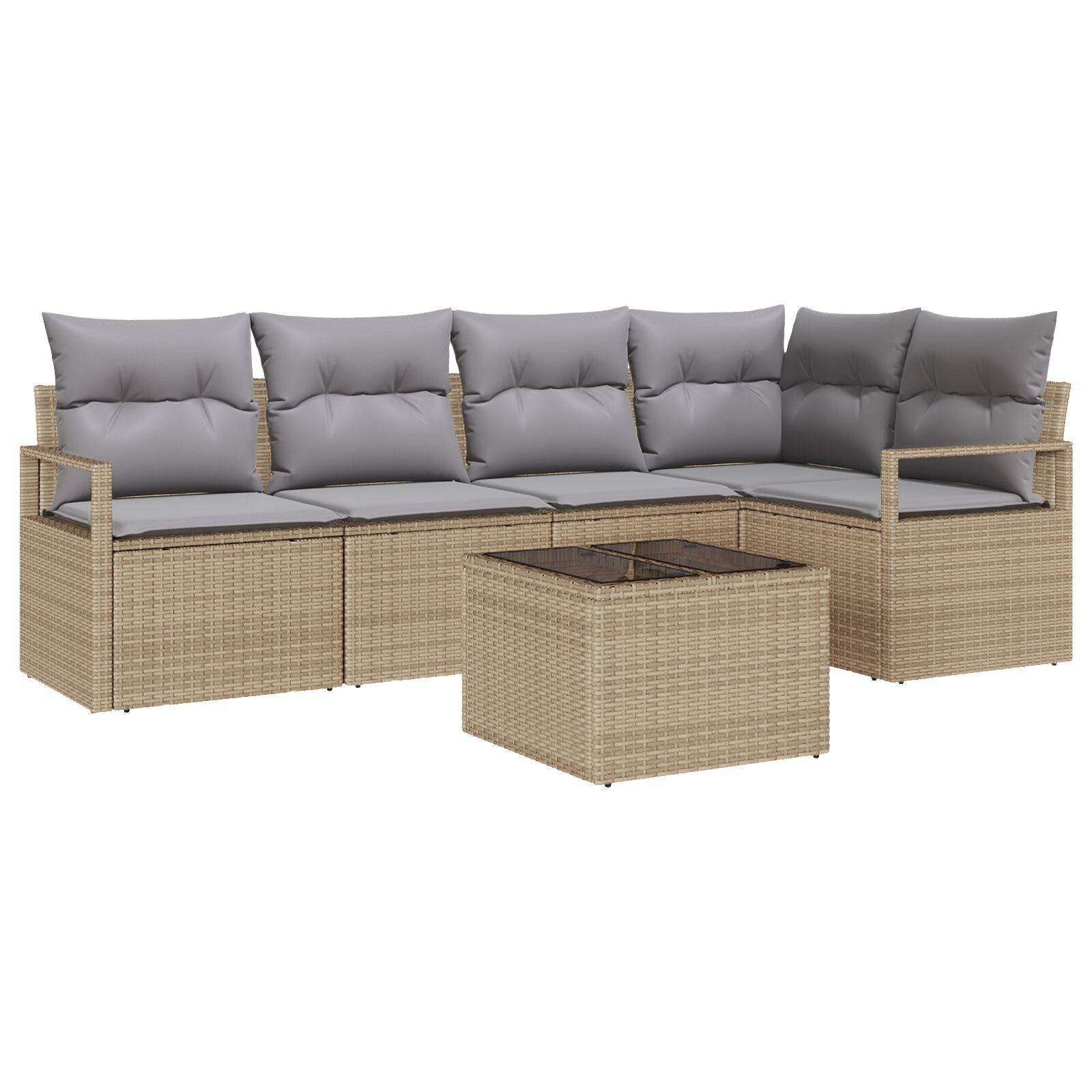 6 Dele Have Sofa Sæt med Puder Sort Poly Rattan,  2-Sæders Have Sofa med Puder Beige Poly Rattan