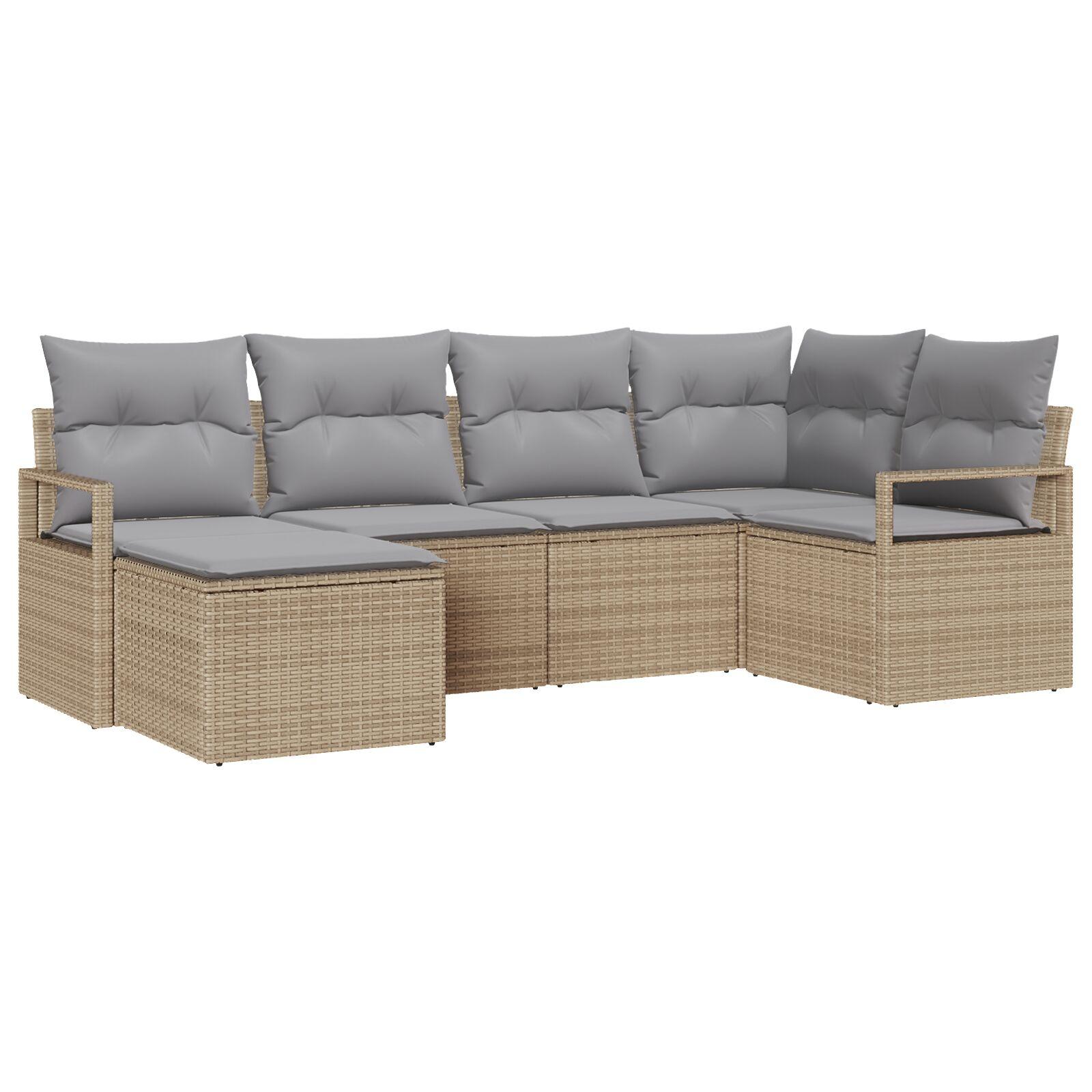 6-delt Have Sofa Sæt med Puder Beige Poly Rattan,  2-personers Have Sofa med Puder Beige Poly Rattan