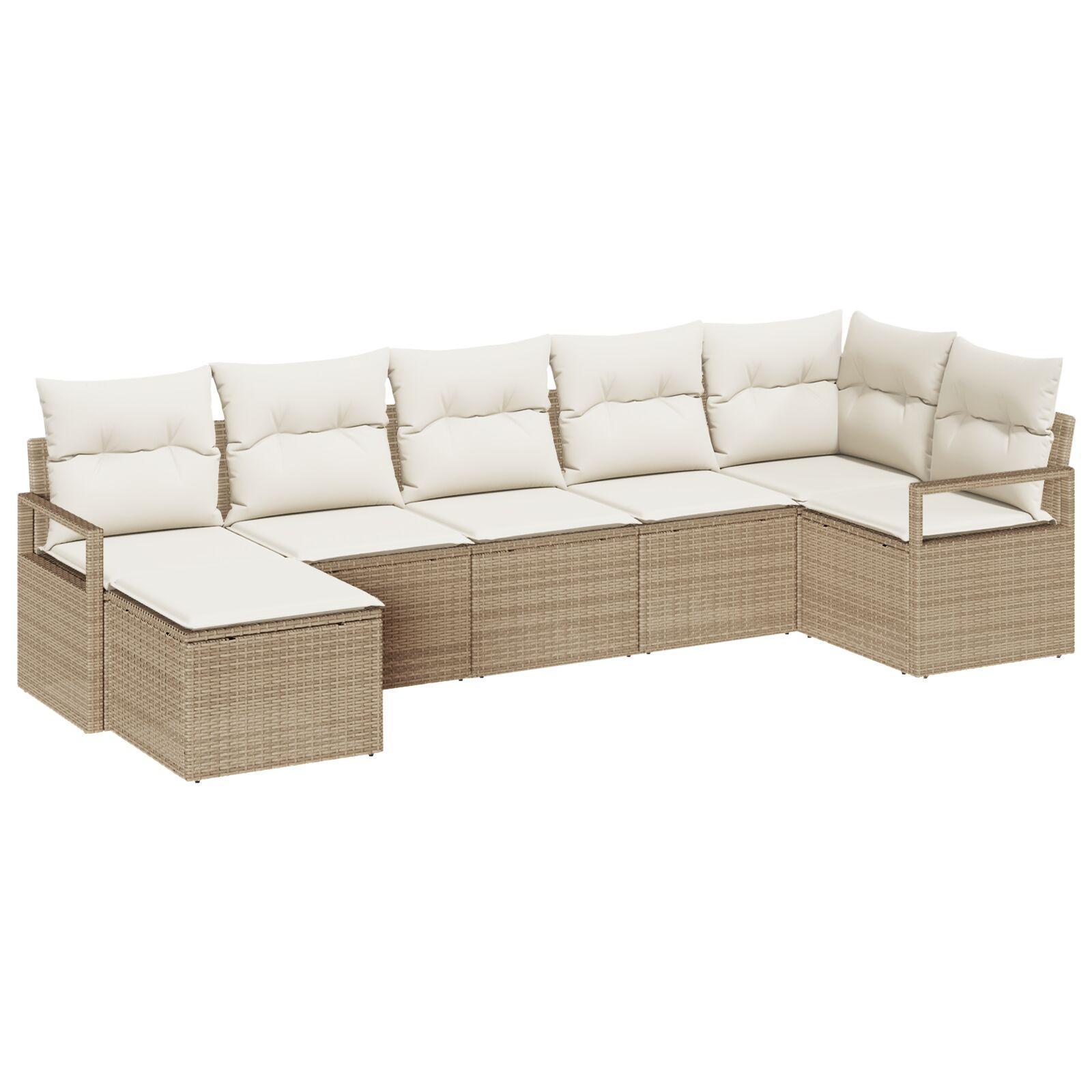 7-delt Have Sofa Sæt med puder Beige Poly Rattan,  2-personers Have Sofa med puder Beige Poly Rattan