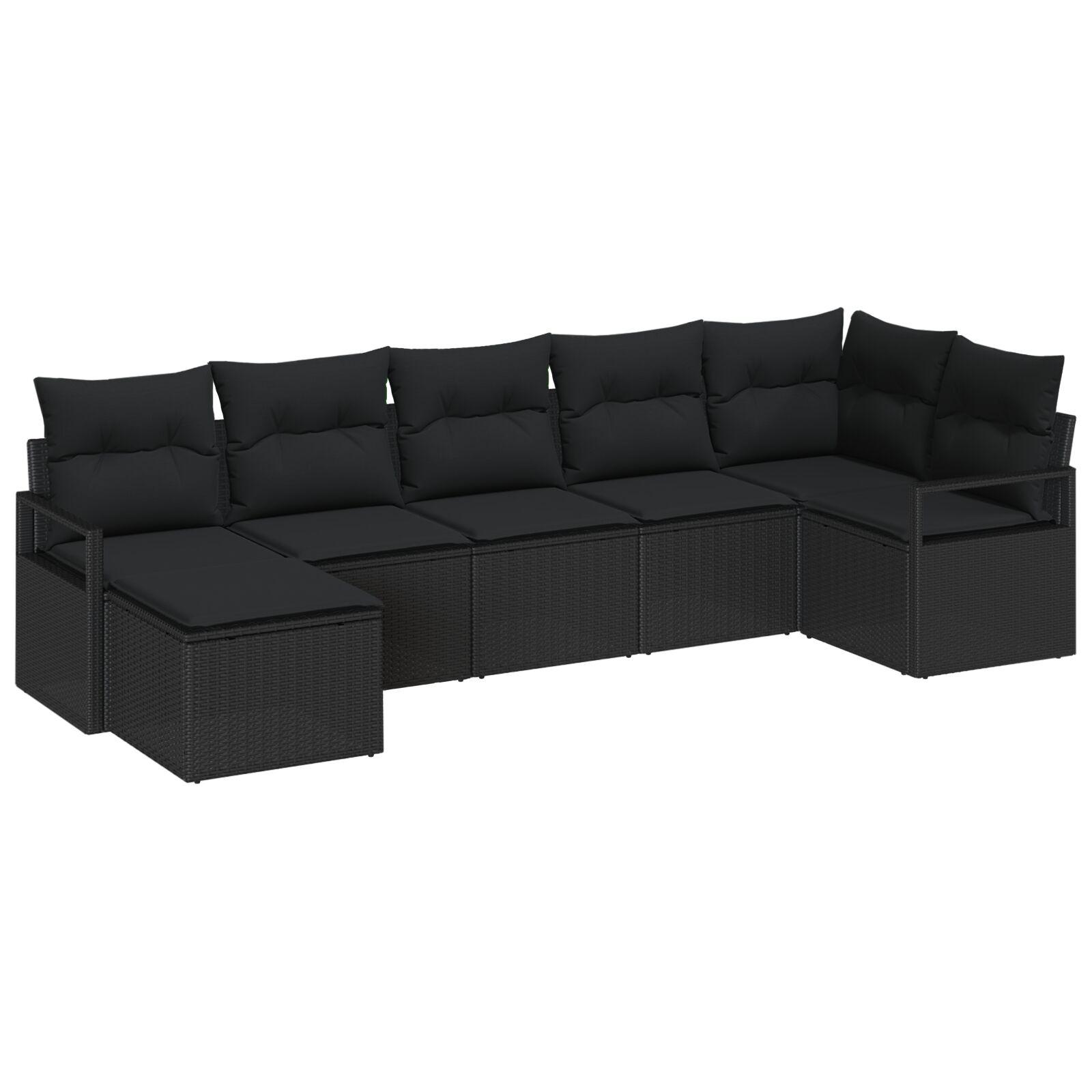 7-Personers Havesofa Sæt med Puder Sort Poly Rattan,  2-Personers Havesofa med Puder Sort Poly Rattan