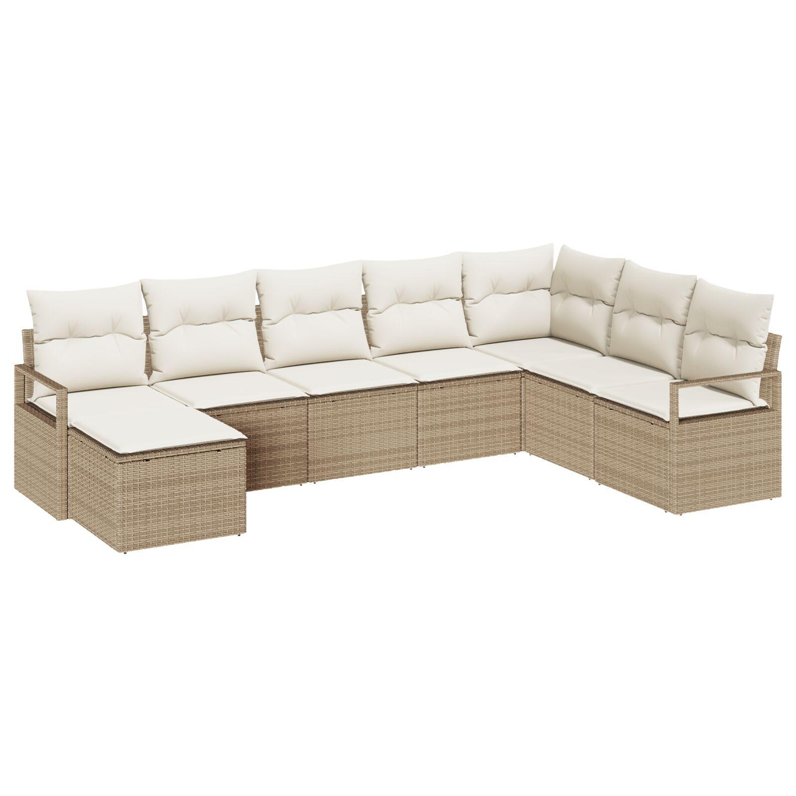 8 dele havensofa sæt med puder beige poly rattan,  2-personers havensofa med puder beige poly rattan