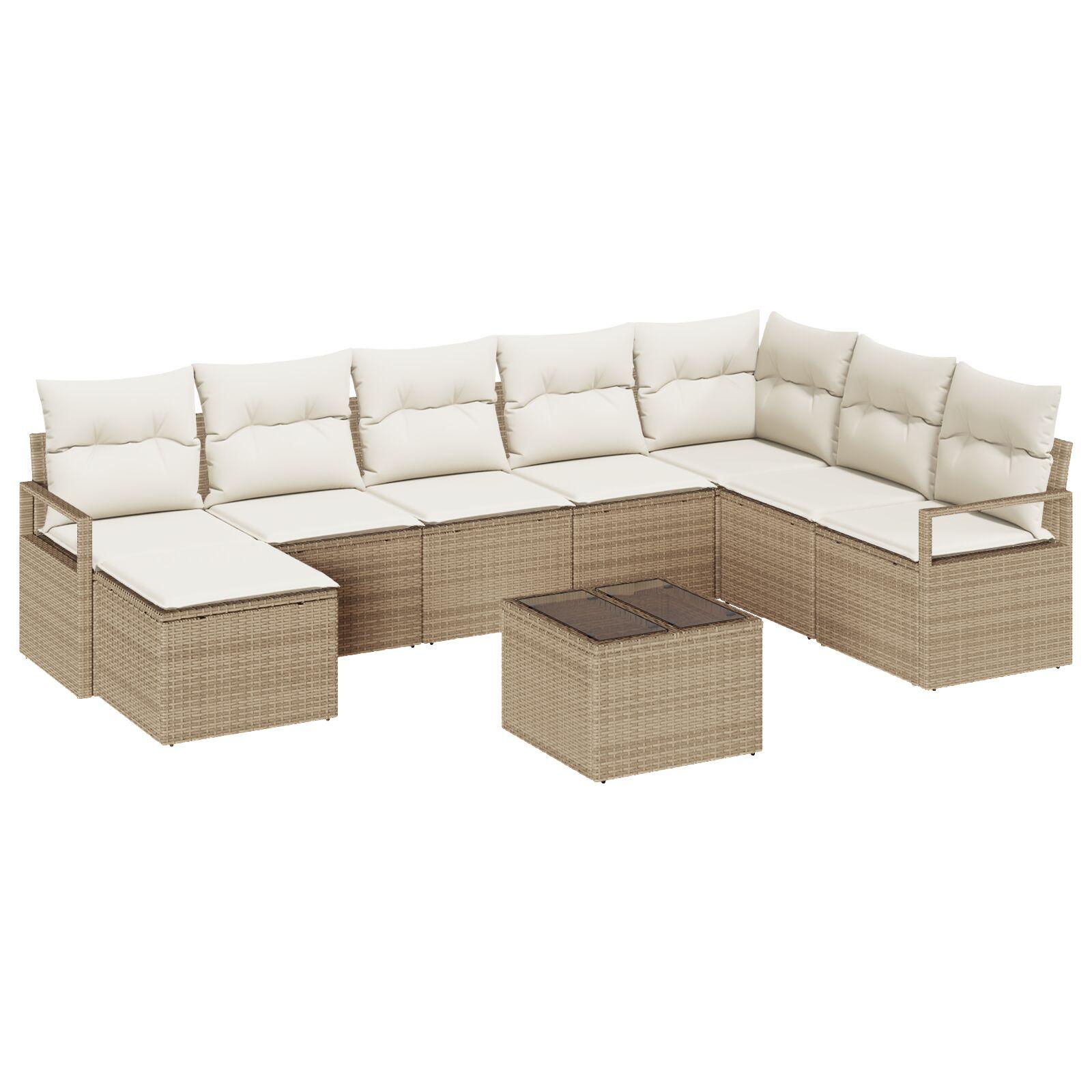 9-delt Have Sofa Sæt med Puder Brun Poly Rattan,  2-personers Have Sofa med Puder Beige Poly Rattan