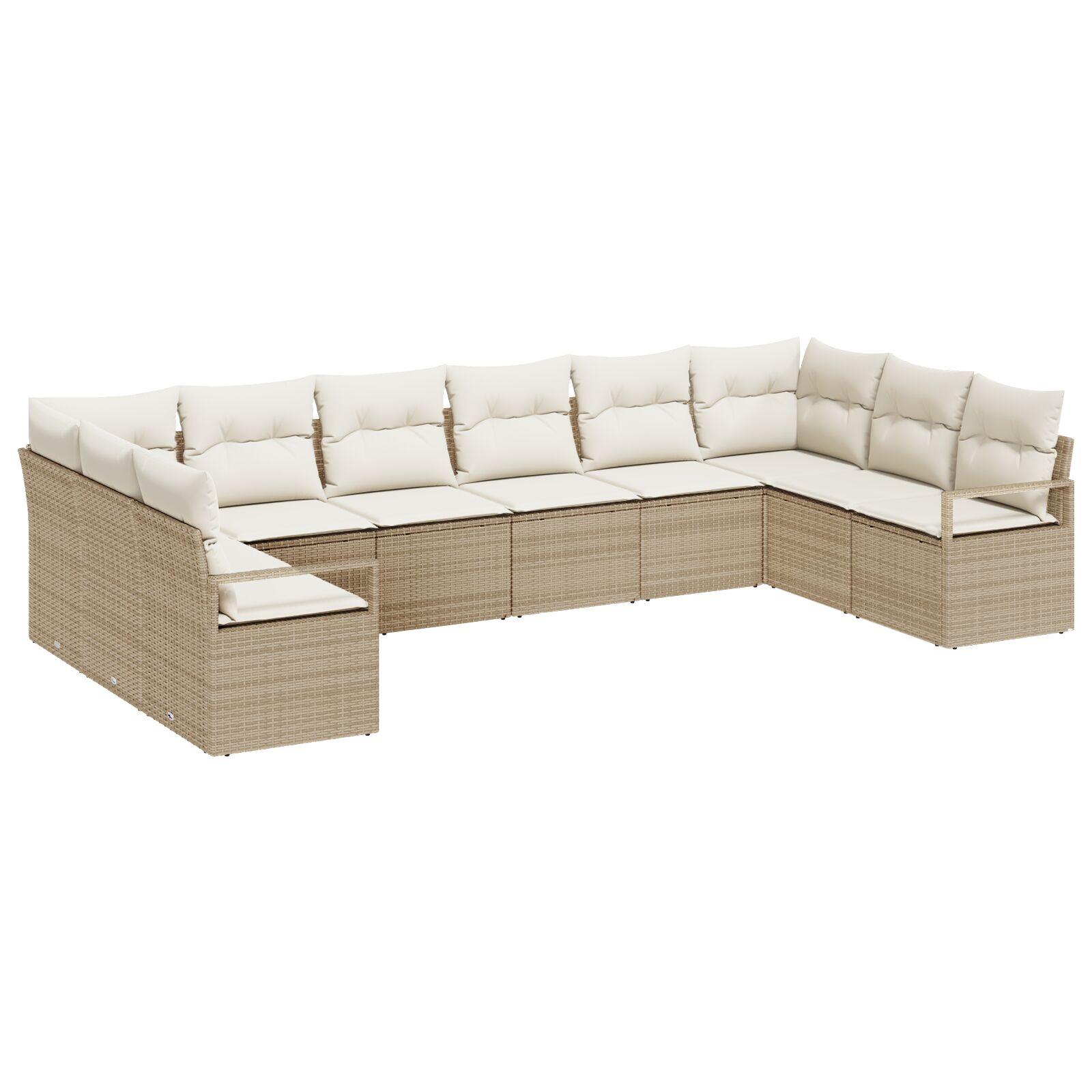 10-delers havesofa sæt med puder beige poly rattan,  2-personers havesofa med puder beige poly rattan