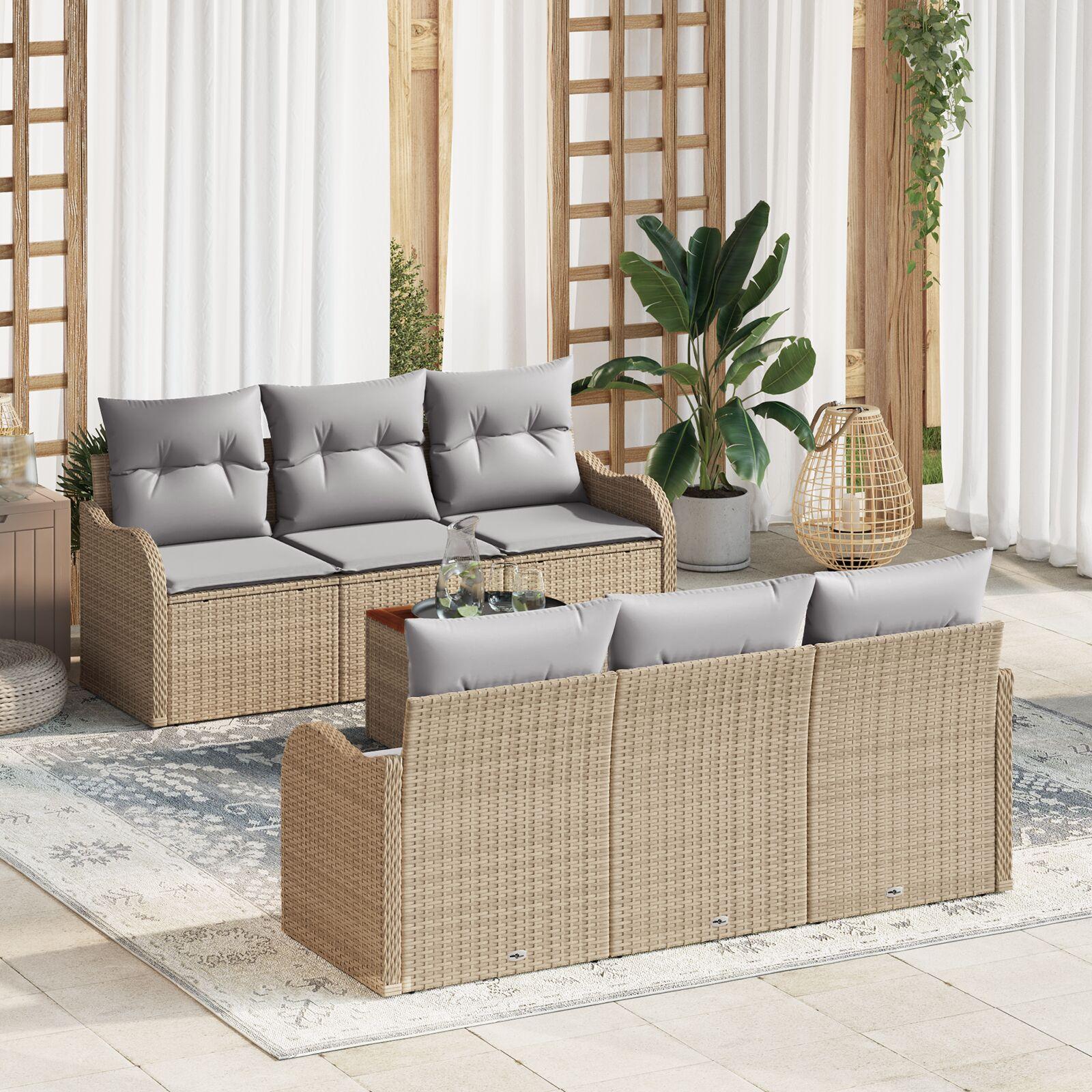 7-personers Have Sofa Set med Puder Beige Poly Rattan Akacietræ,  2-sæders Have Sofa med Puder Beige Poly Rattan