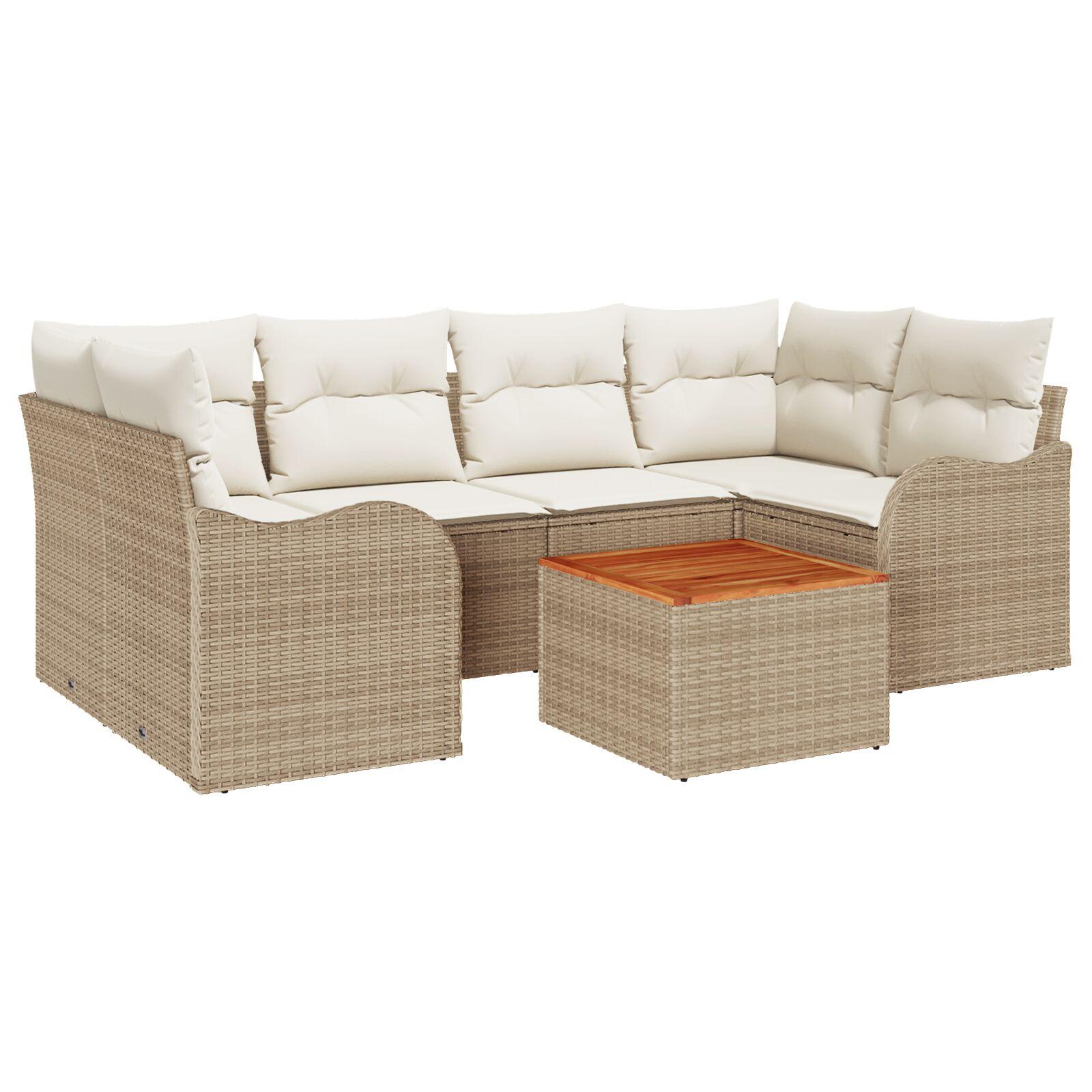 7-delt have sofa sæt med puder beige poly rattan akacie,  2-personers have sofa med puder beige poly rattan