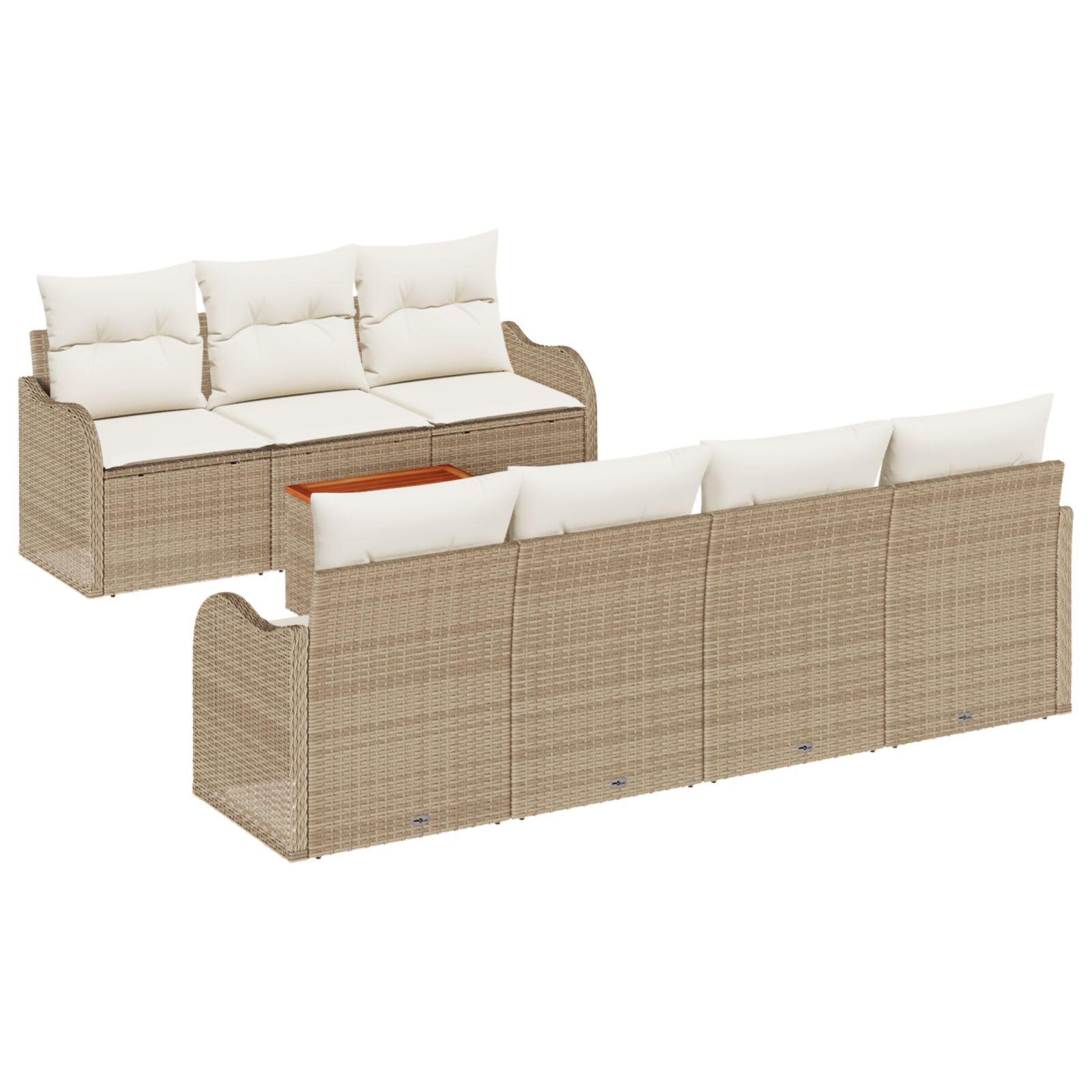 8 Stykke Have Sofa Sæt med Puder Beige Poly Rattan Akacietræ,  2-Sæders Have Sofa med Puder Beige Poly Rattan