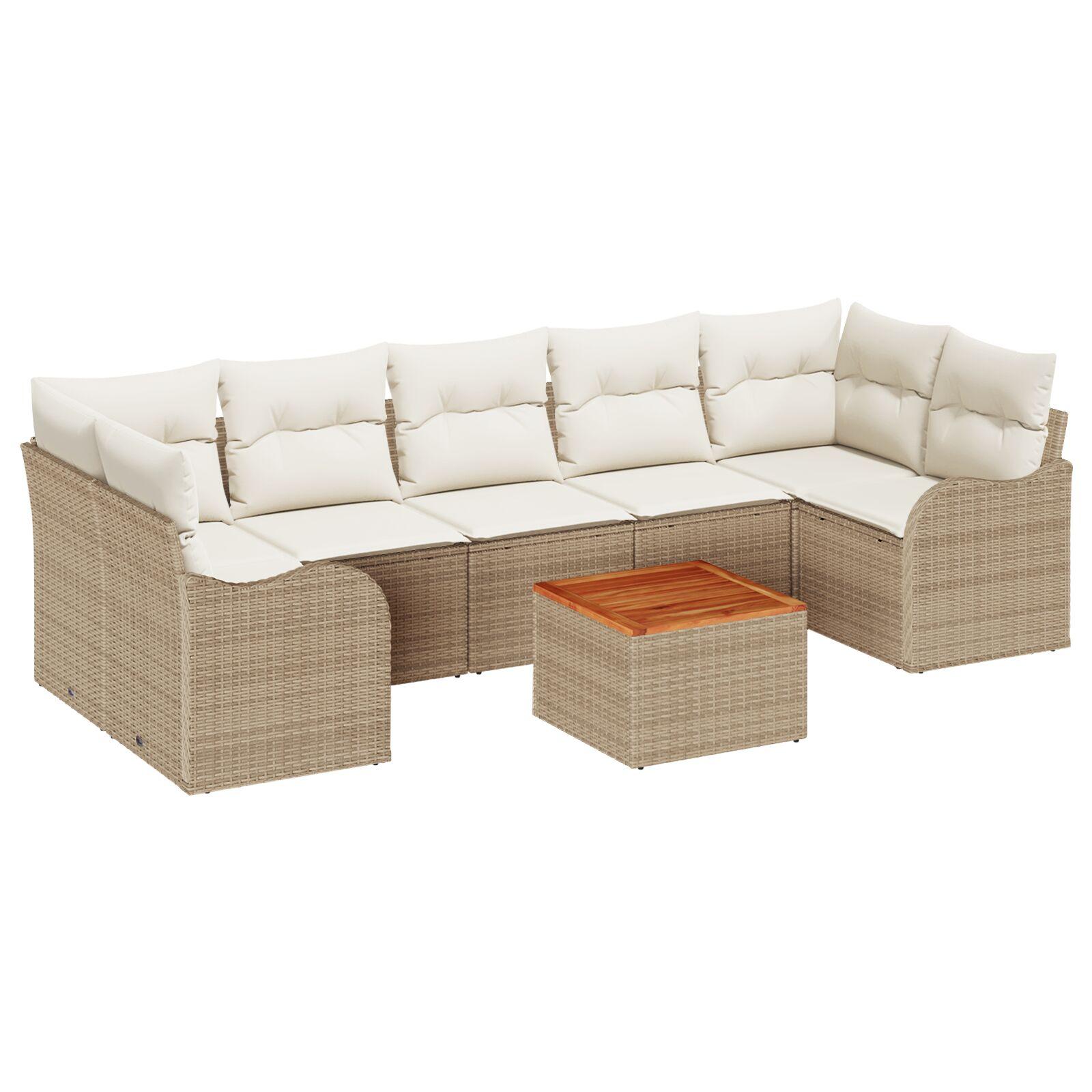 8-delers have sofa sæt med puder Beige Poly Rattan Akacie,  2-personers have sofa med puder Beige Poly Rattan