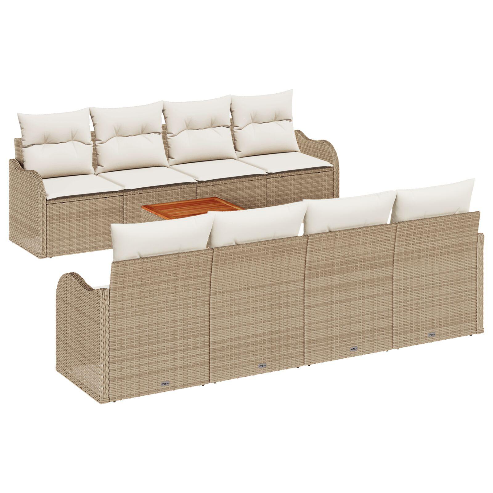 9 Deles Have Sofa Sæt med Puder Beige Poly Rattan Akacia,  2-Sæders Have Sofa med Puder Beige Poly Rattan