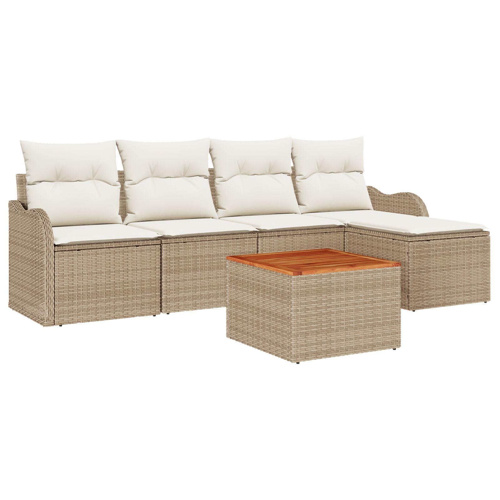 6 Stykker Have Sofa Sæt med Puder Beige Poly Rattan Akacie,  2-personers Have Sofa med Puder Beige Poly Rattan