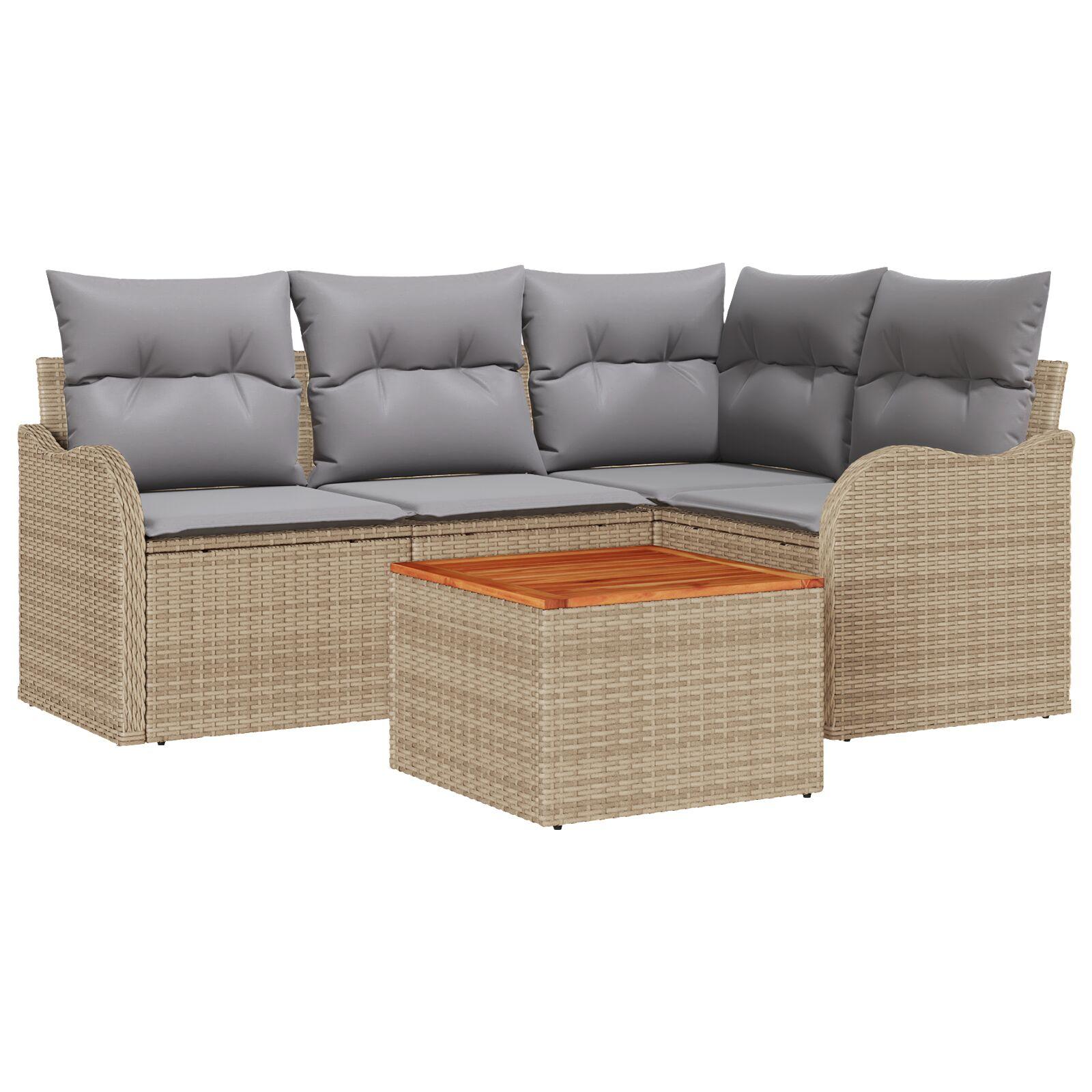 5 Personers Have Sofa Sæt med Puder Beige Poly Rattan Akacie,  2-personers Have Sofa med Puder Beige Poly Rattan