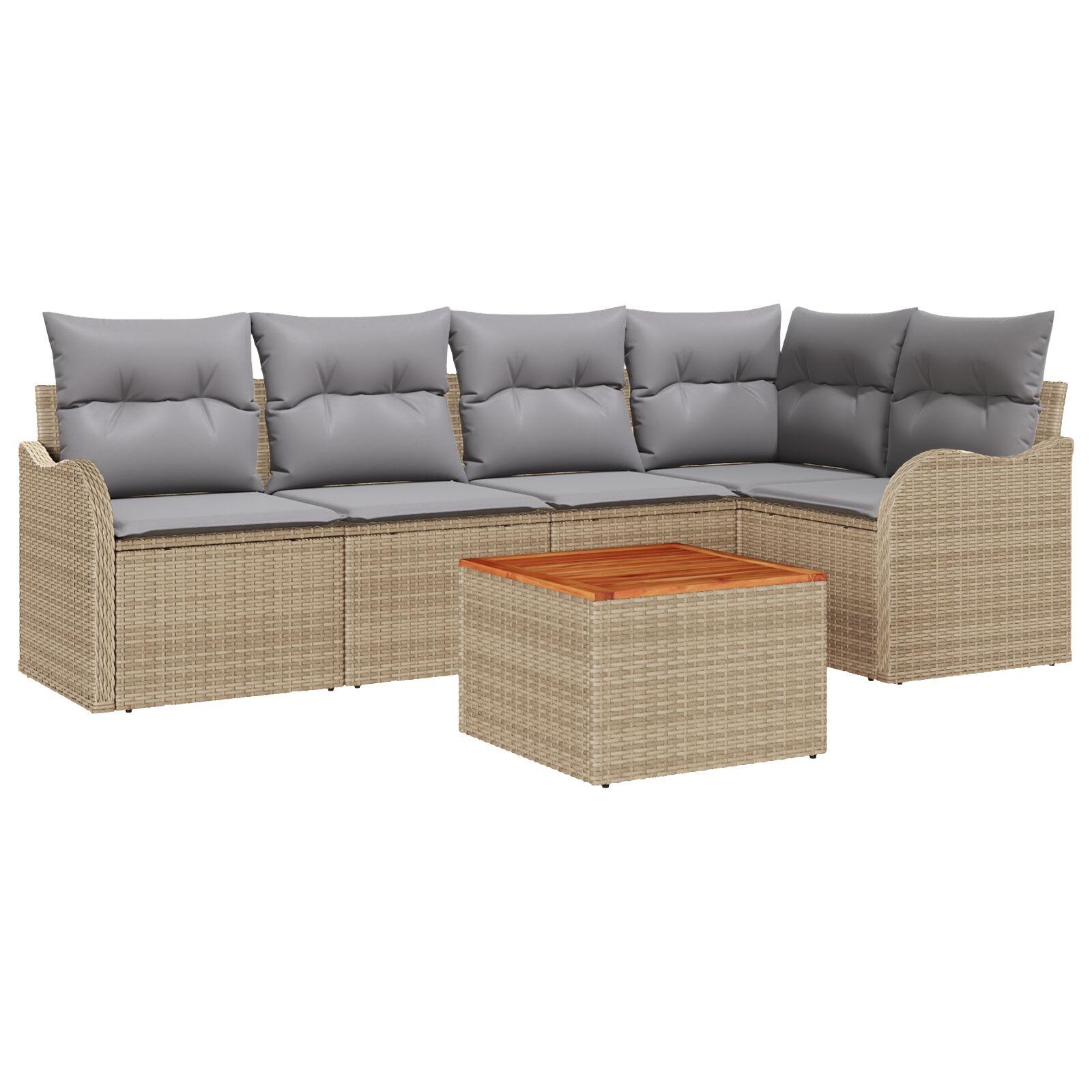 6-delt havesofa sæt med puder beige poly rattan akacietræ,  2-personers havesofa med puder beige poly rattan
